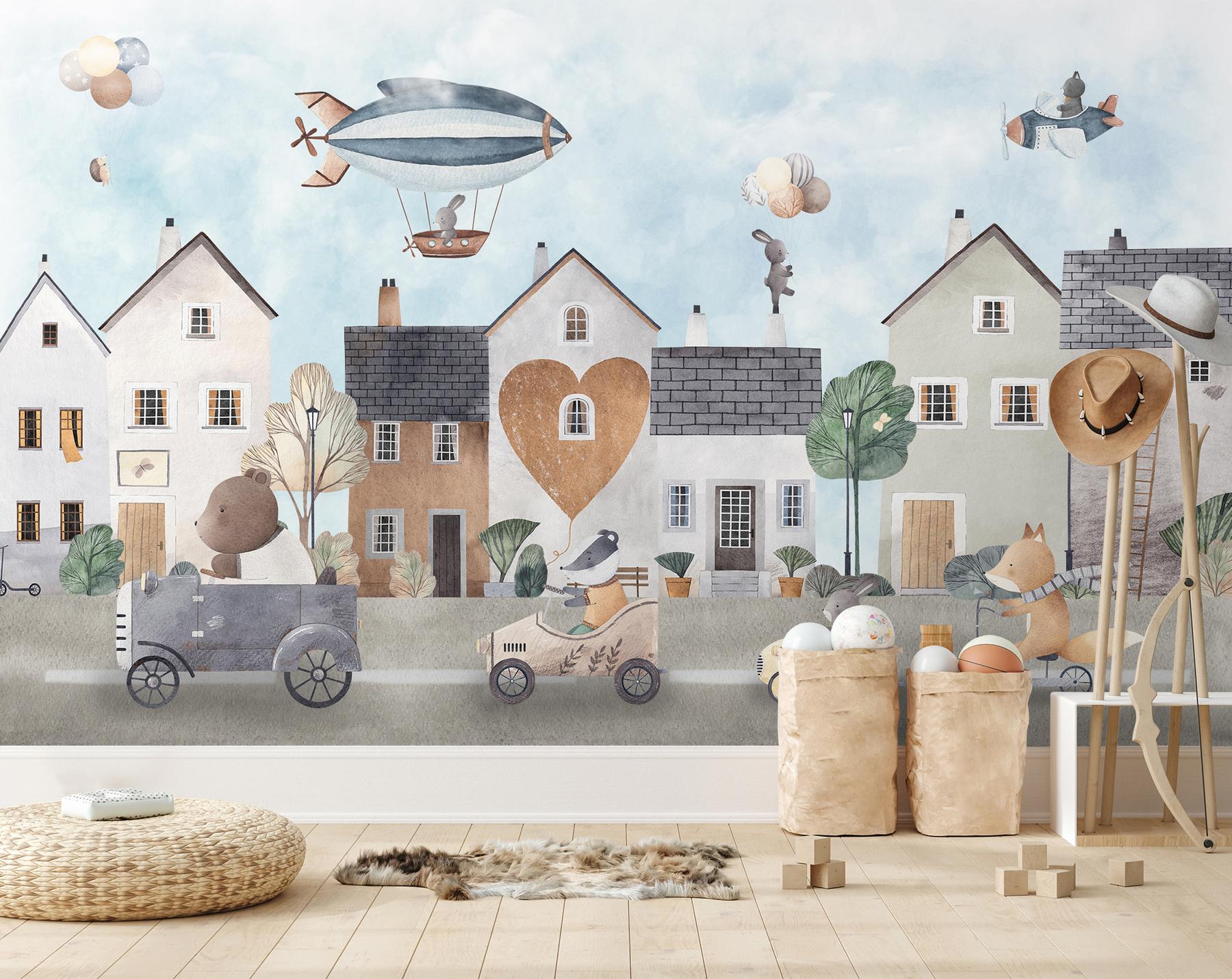 Storybook Village Playful Animals Wallpaper Mural