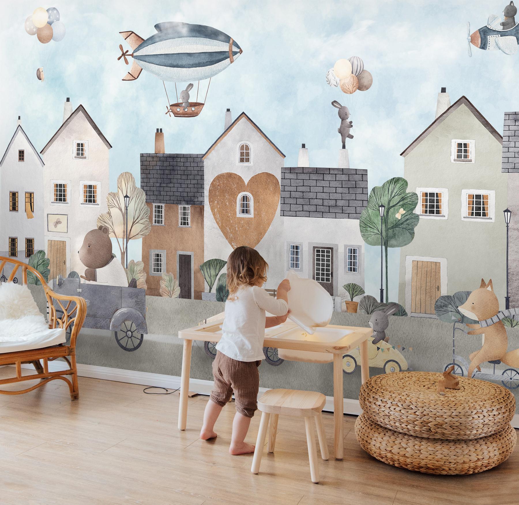 Storybook Village Playful Animals Wallpaper Mural