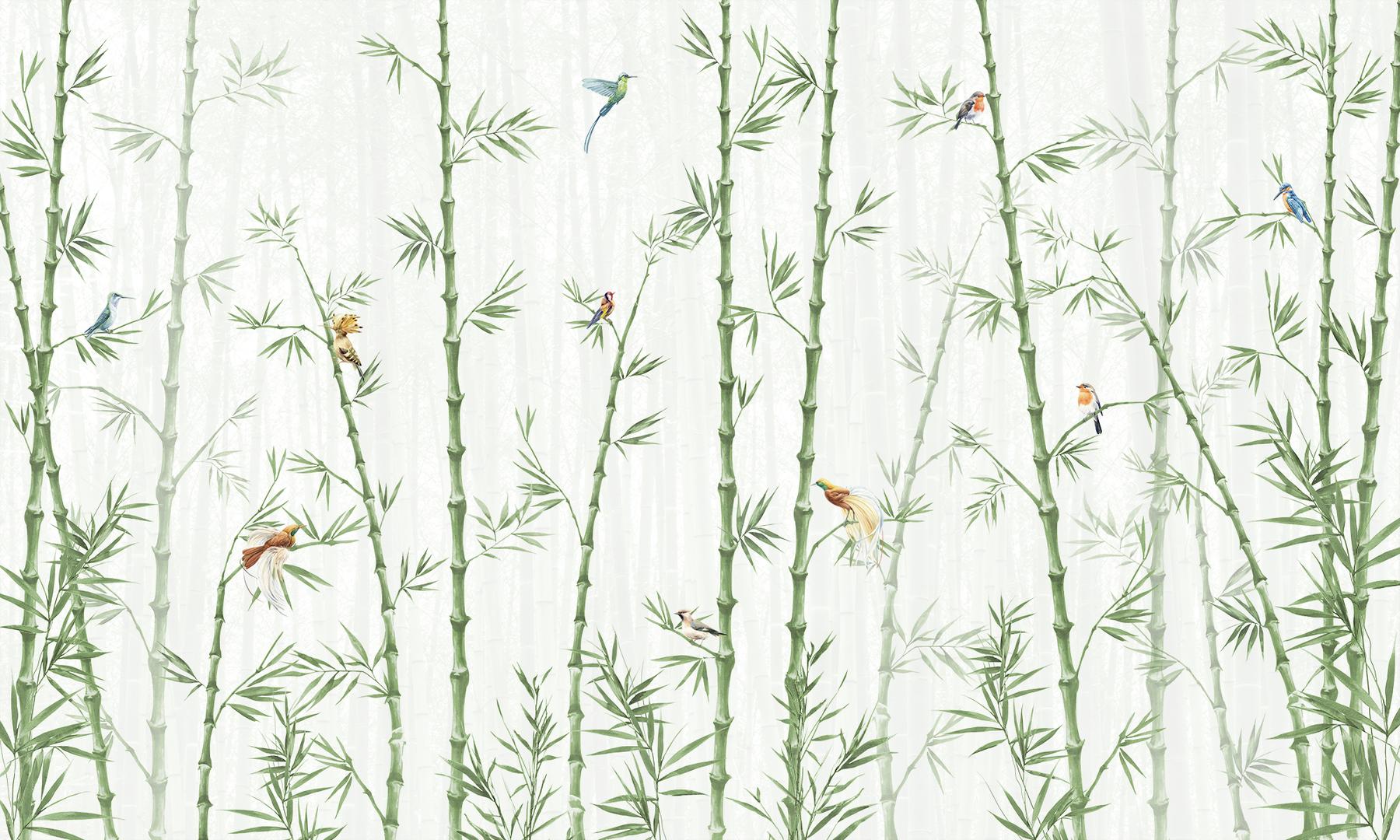 Asian Bamboo Forest with Birds Wallpaper Mural