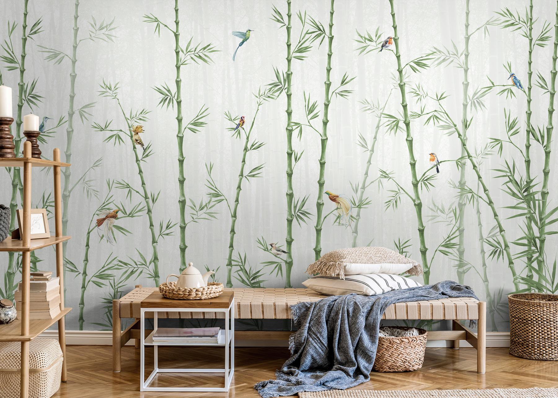 Asian Bamboo Forest with Birds Wallpaper Mural