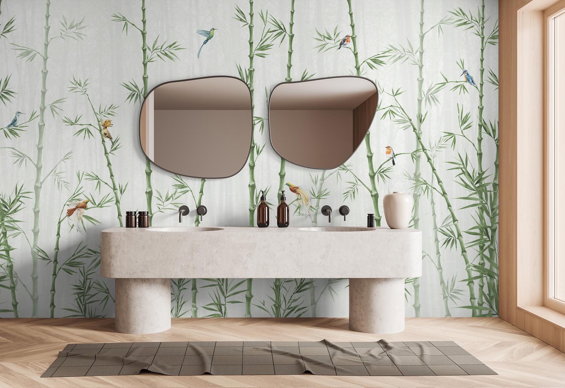 Asian Bamboo Forest with Birds Wallpaper Mural