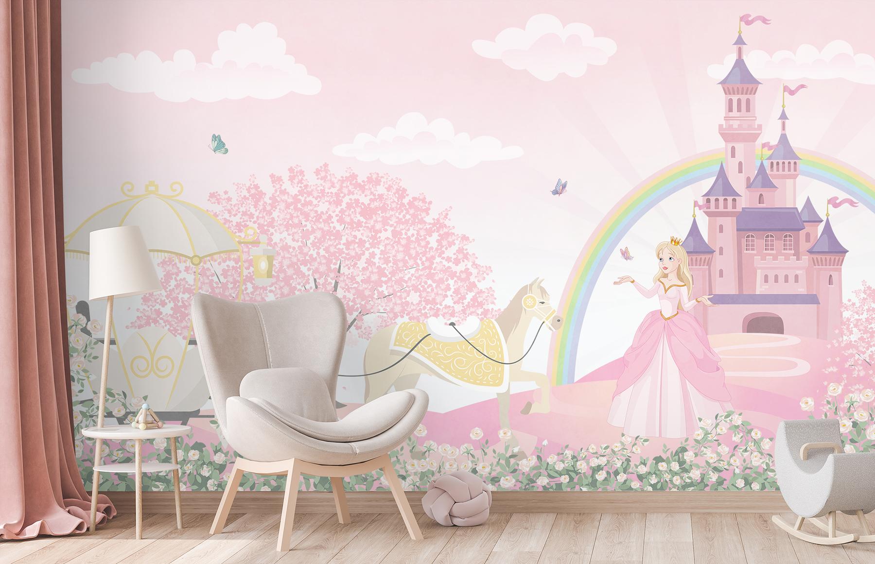 Pink Blossoms and Princess Castle Wallpaper Mural