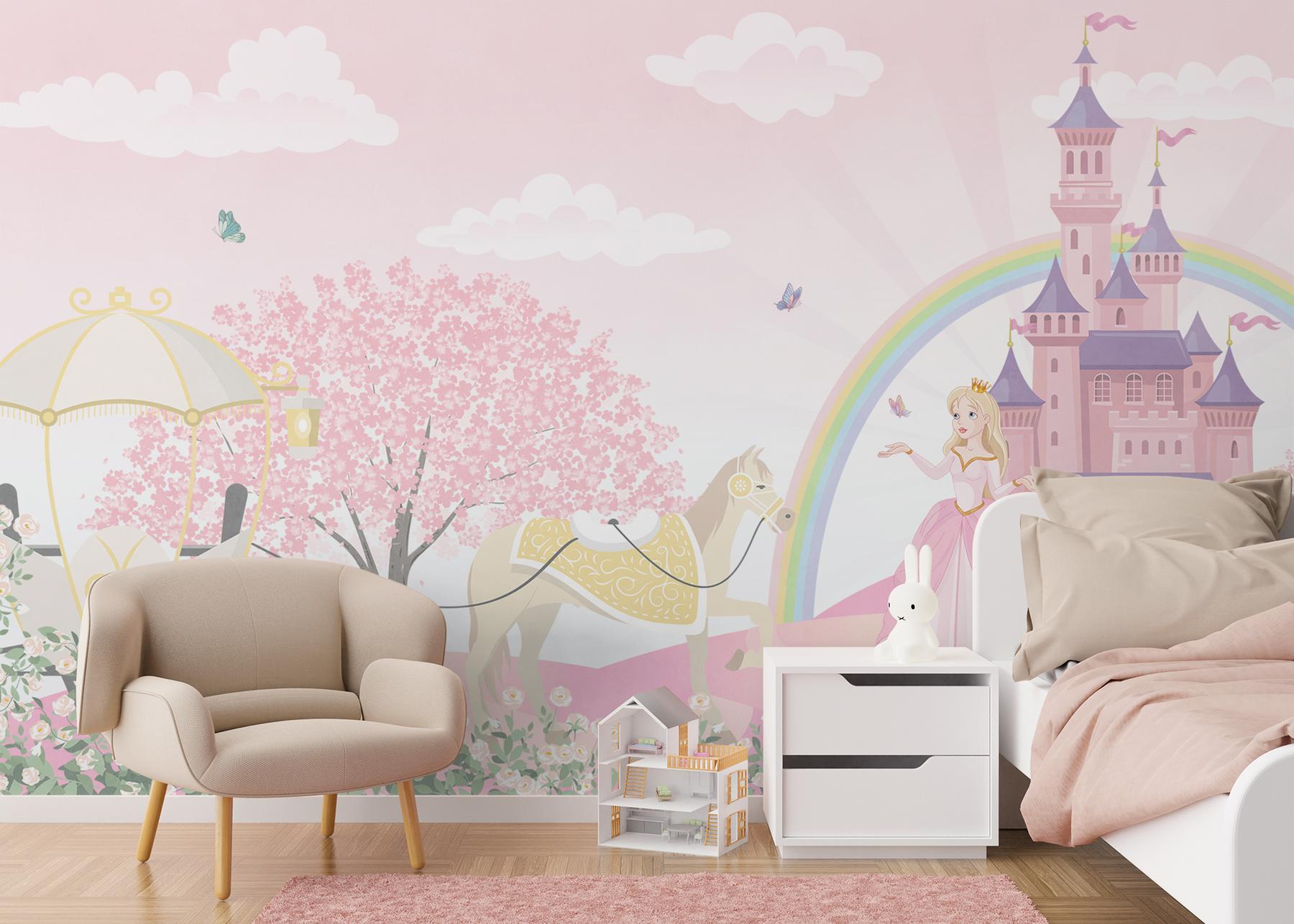 Pink Blossoms and Princess Castle Wallpaper Mural