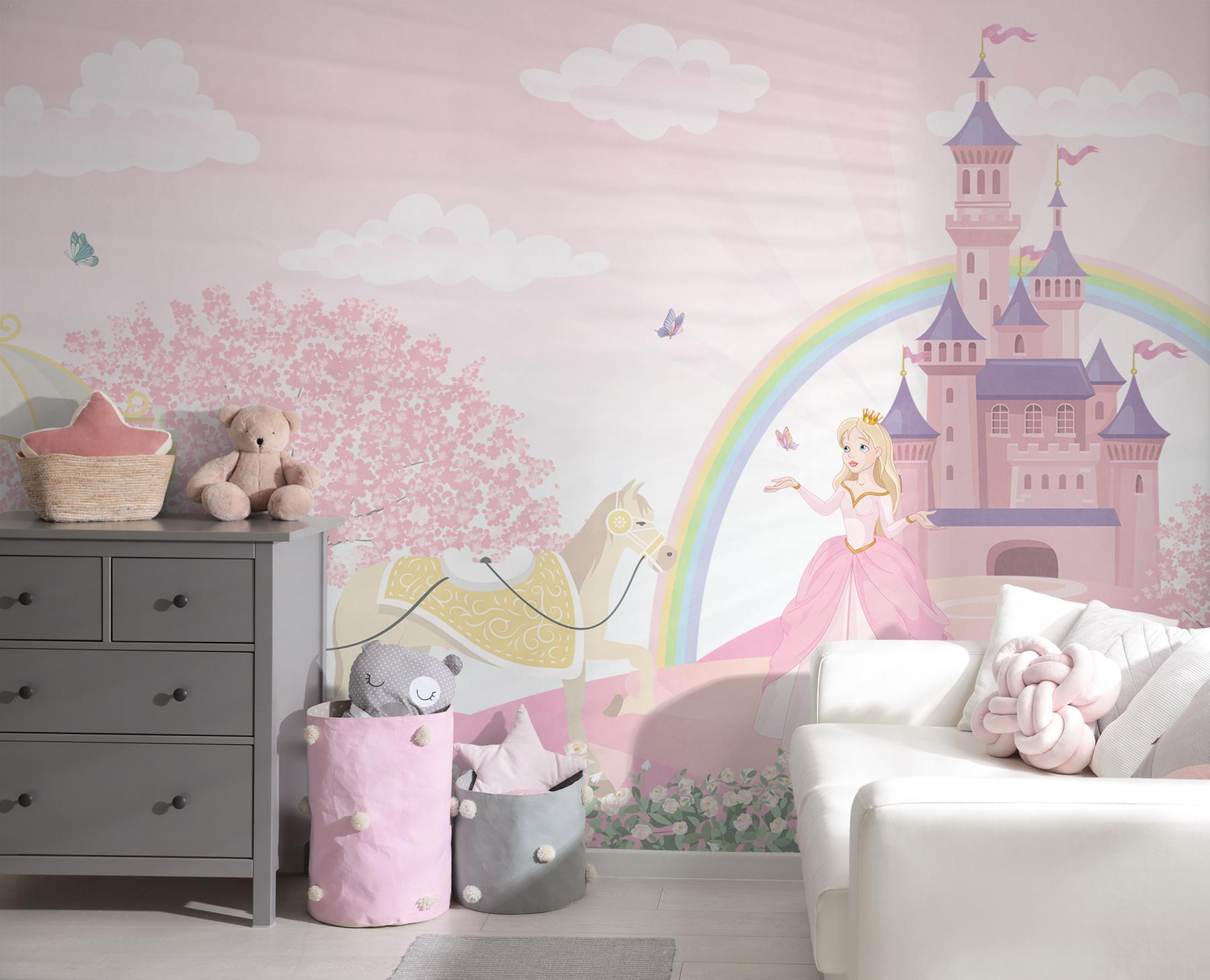 Pink Blossoms and Princess Castle Wallpaper Mural