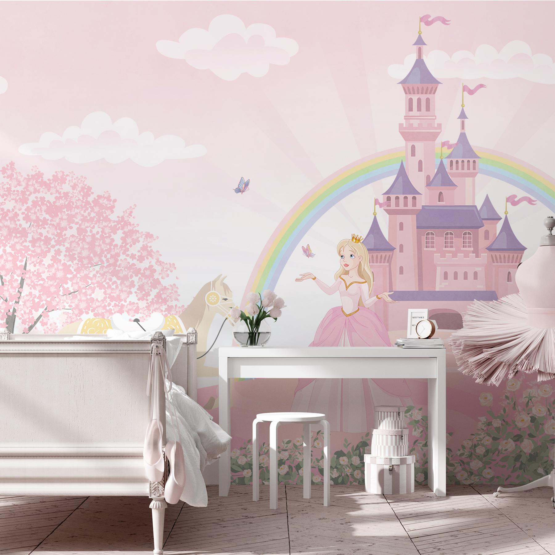 Pink Blossoms and Princess Castle Wallpaper Mural