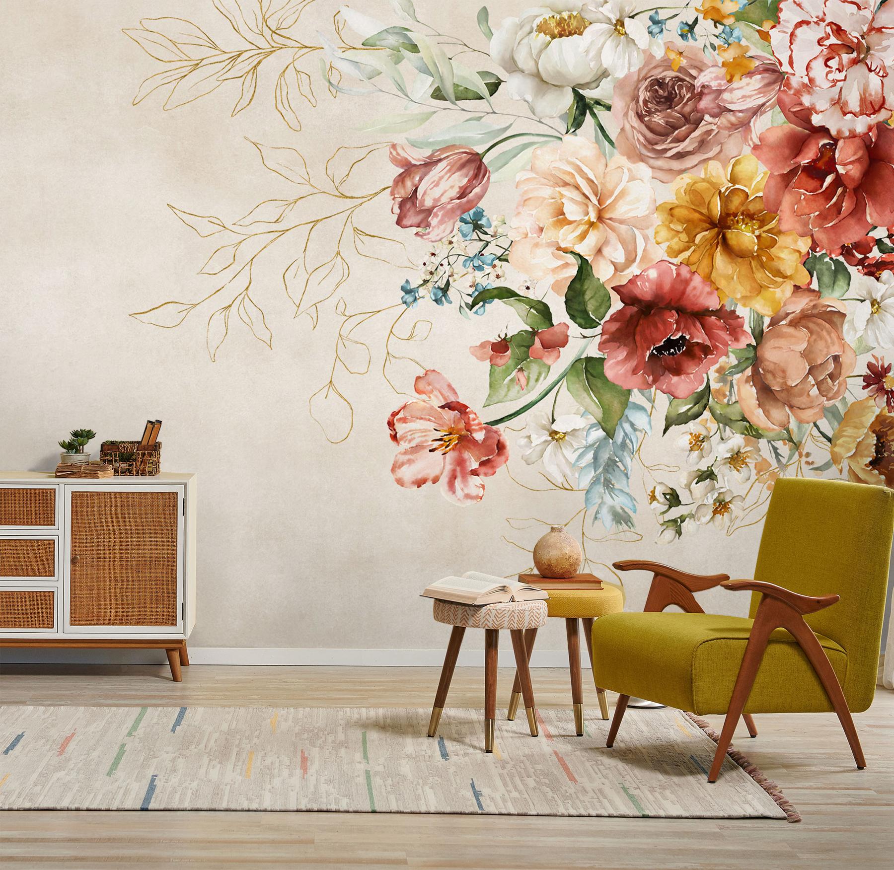 Watercolor Floral Bouquet Elegant Wallpaper Mural