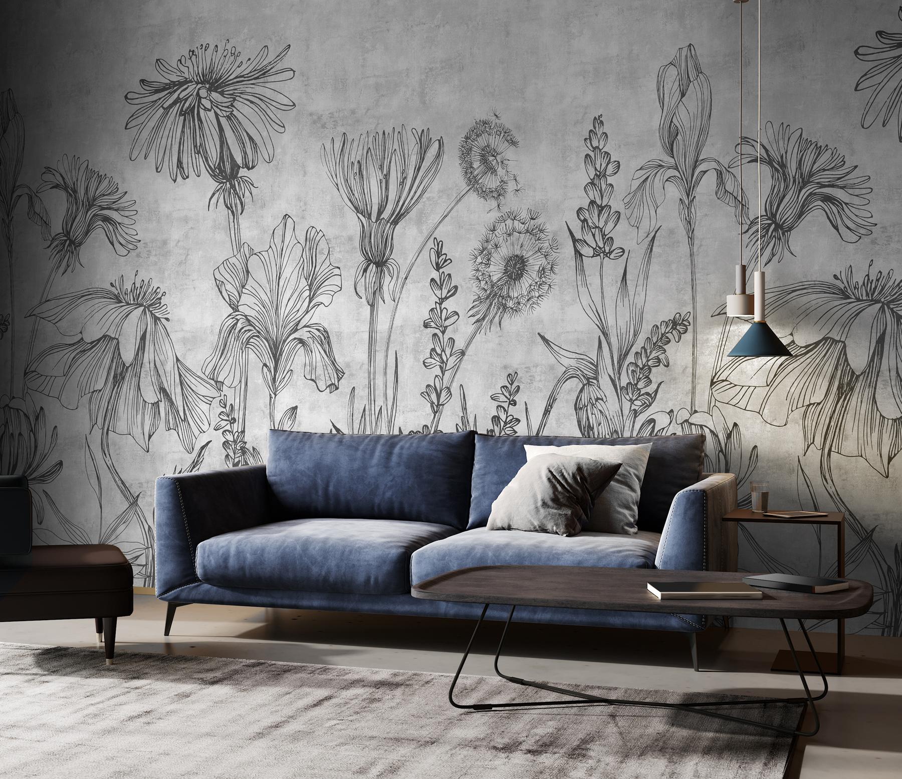 Sketchbook Wildflowers Monochrome Wallpaper Mural
