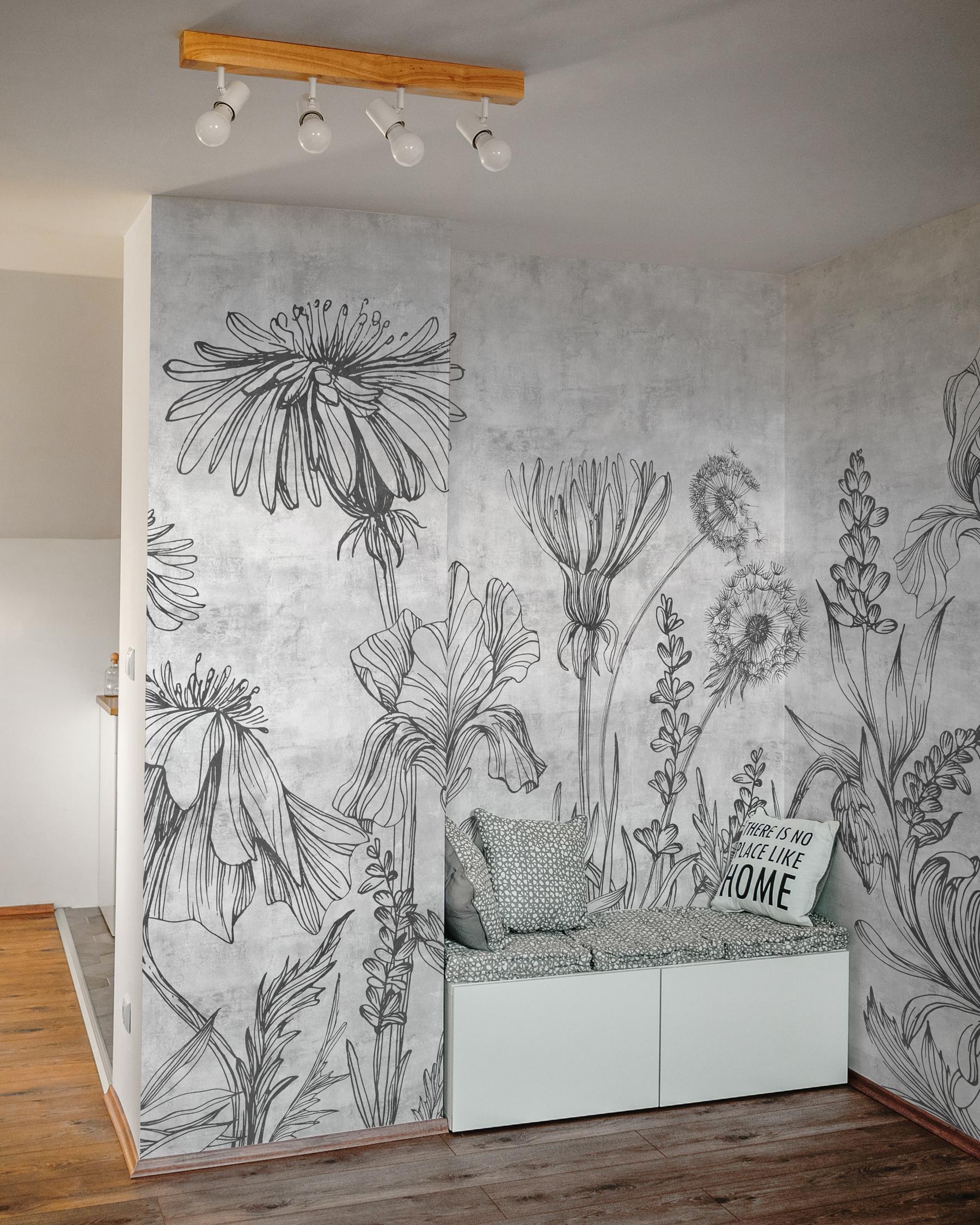 Sketchbook Wildflowers Monochrome Wallpaper Mural