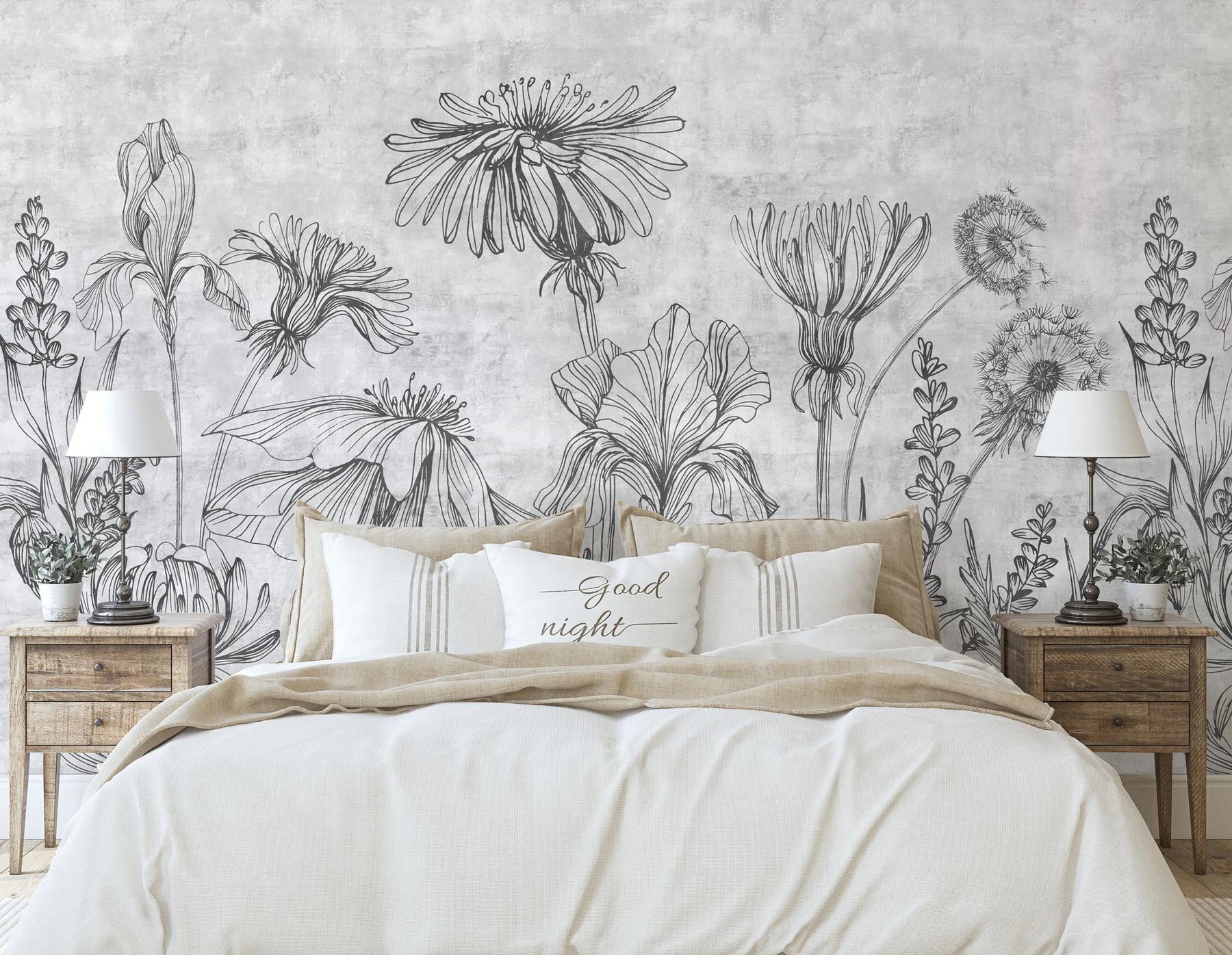 Sketchbook Wildflowers Monochrome Wallpaper Mural