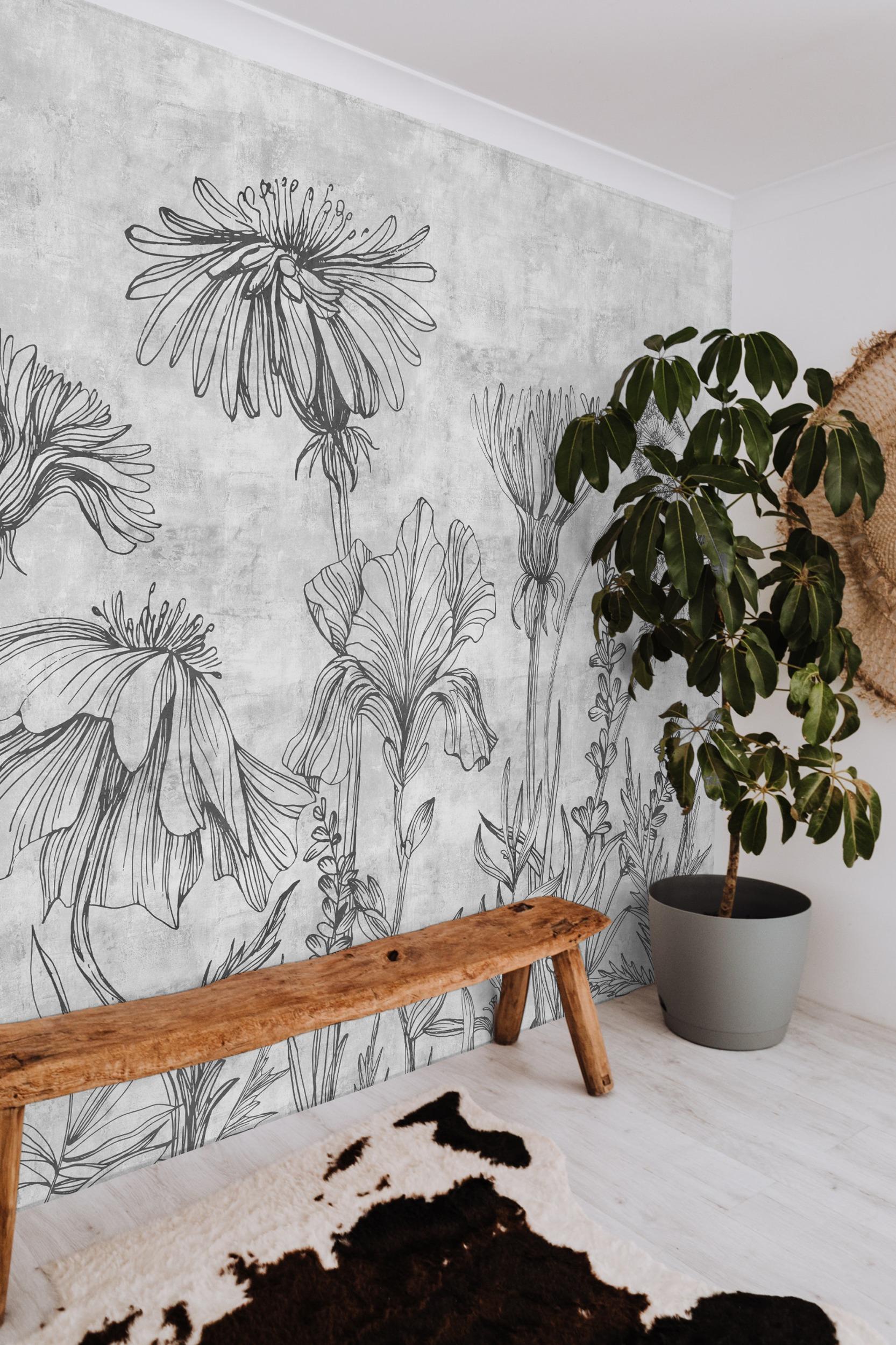 Sketchbook Wildflowers Monochrome Wallpaper Mural