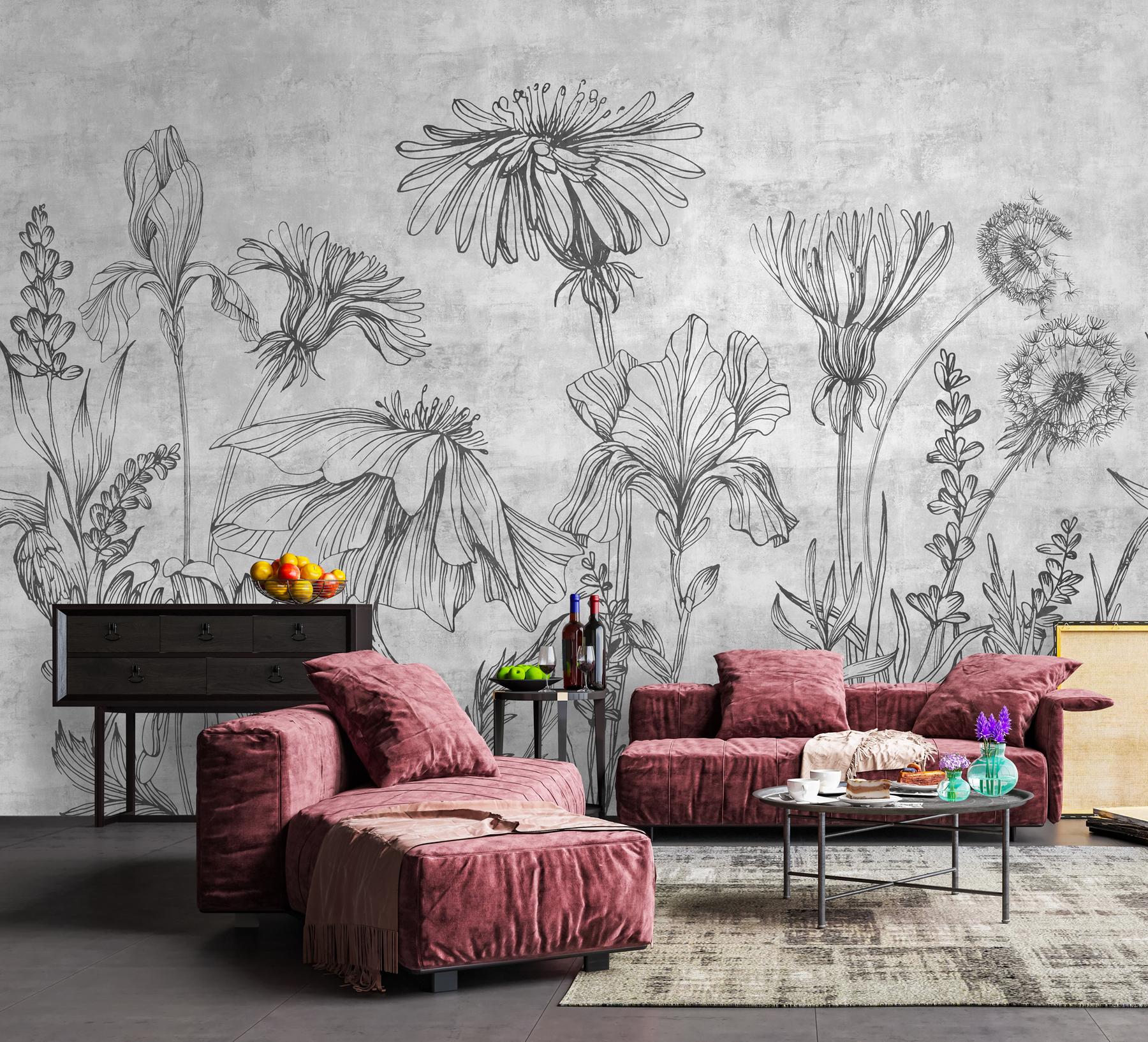 Sketchbook Wildflowers Monochrome Wallpaper Mural