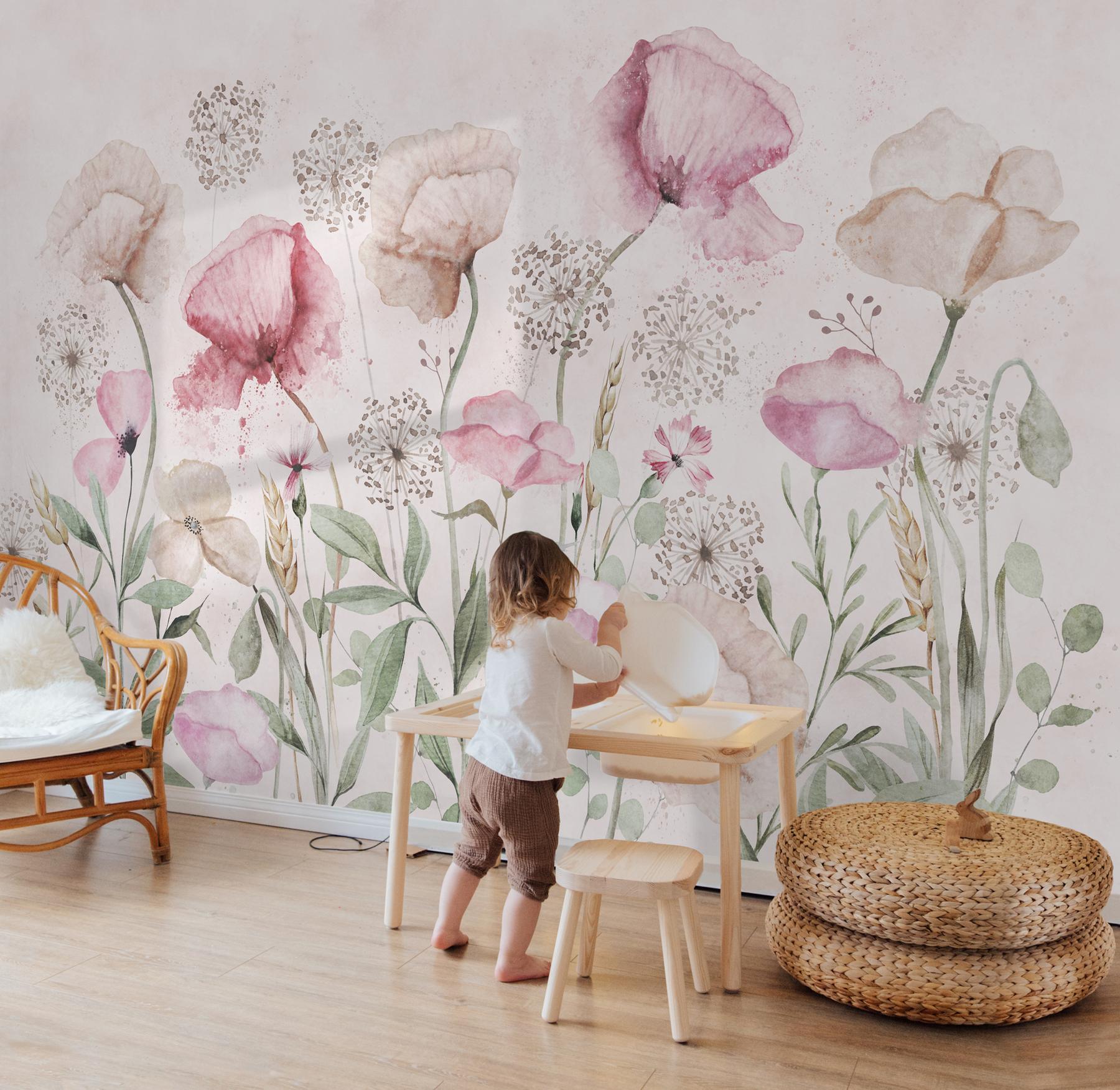 Delicate Watercolor Poppies Blooms Wallpaper Mural