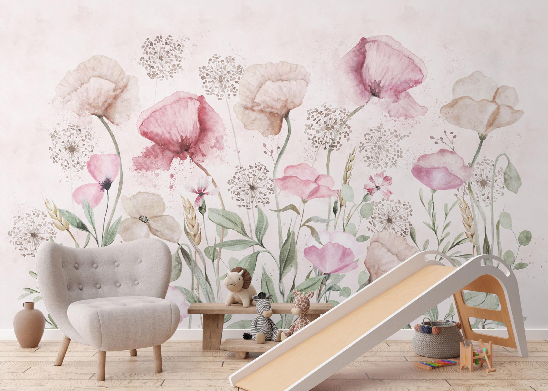 Delicate Watercolor Poppies Blooms Wallpaper Mural