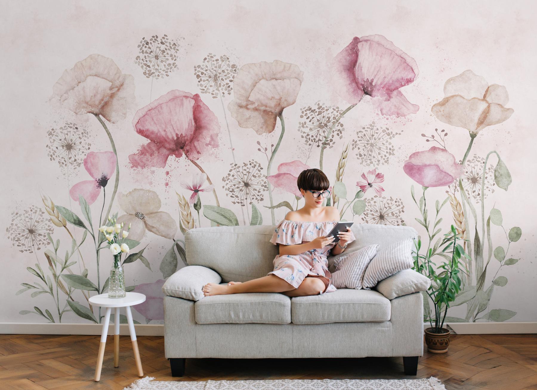 Delicate Watercolor Poppies Blooms Wallpaper Mural