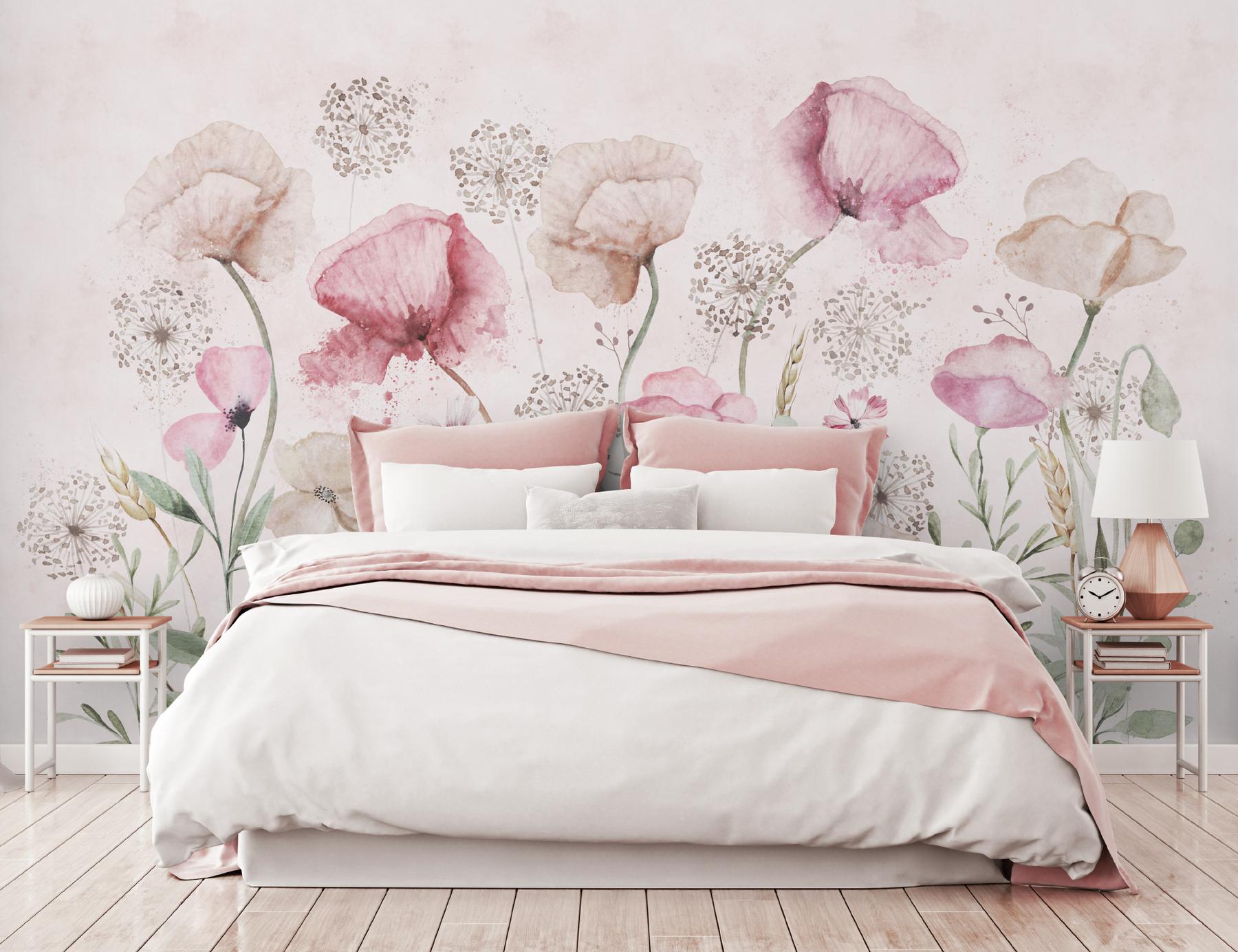 Delicate Watercolor Poppies Blooms Wallpaper Mural