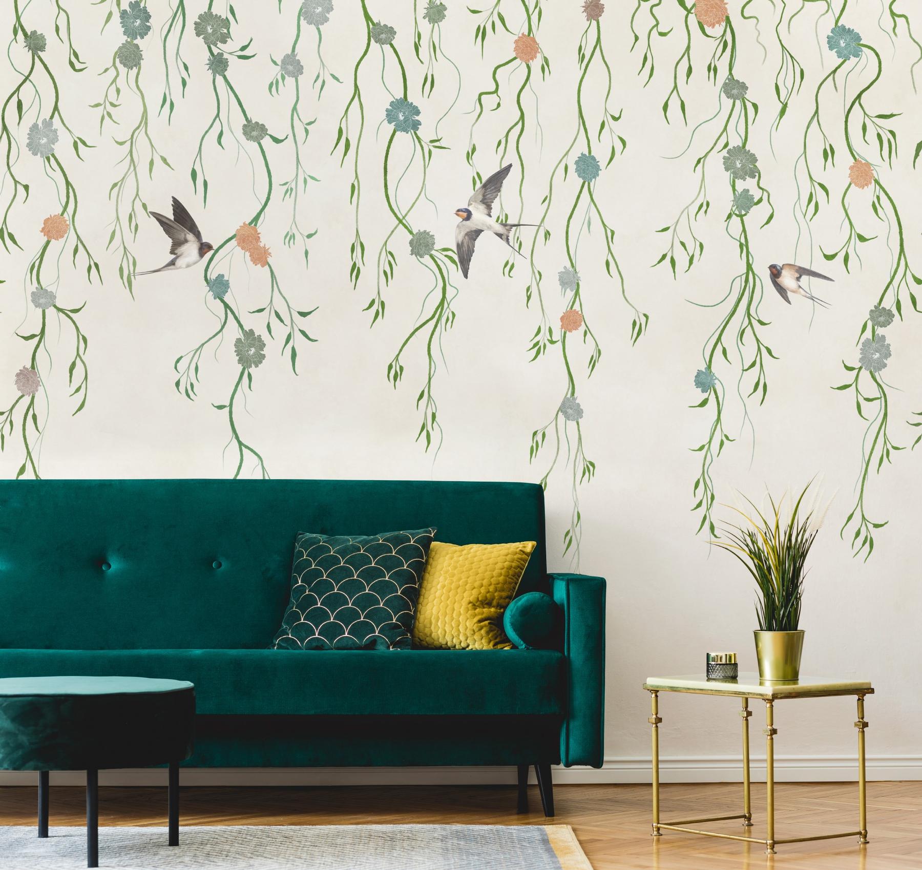 Floral Cascade and Birds Wallpaper Mural