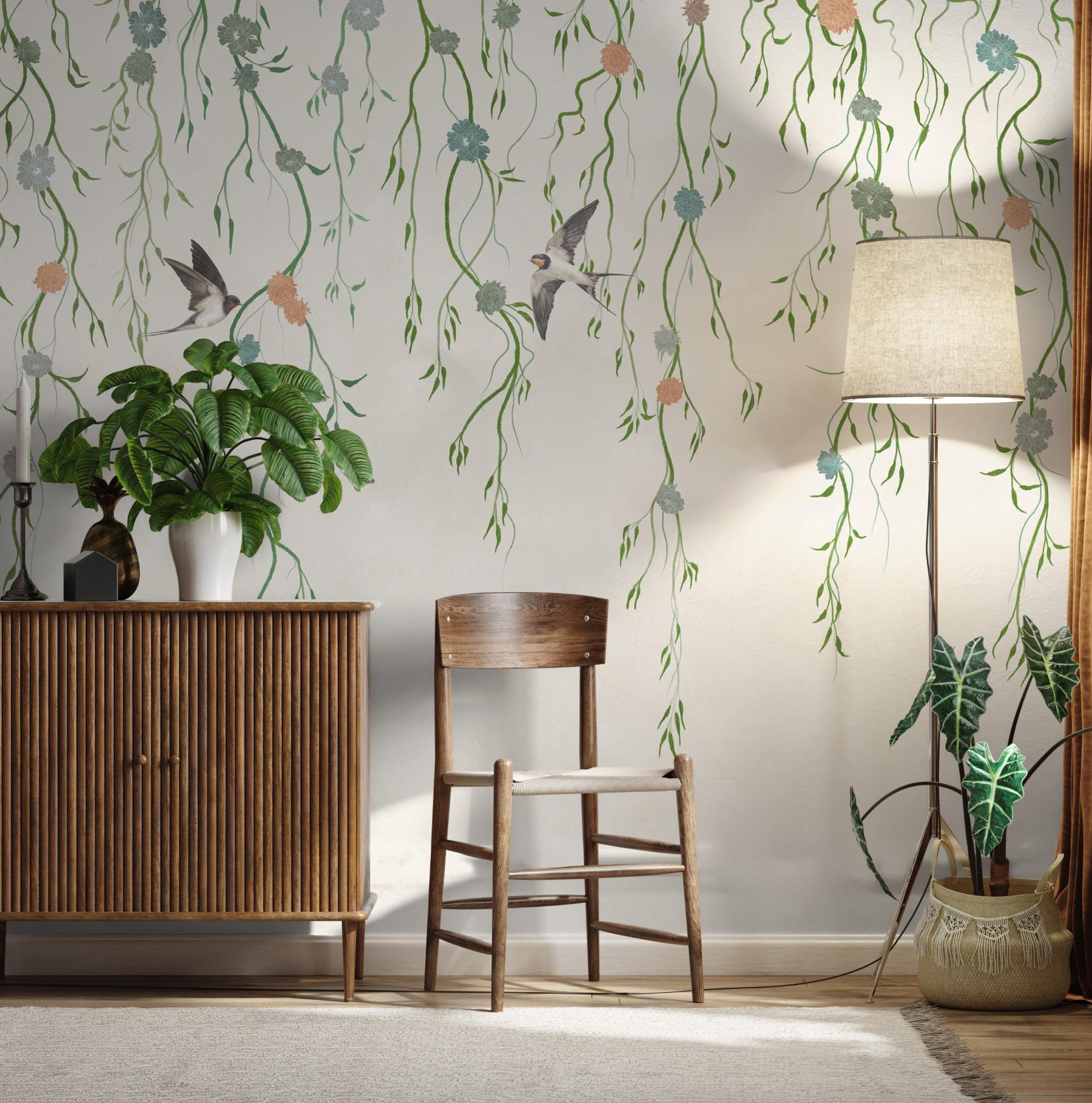 Floral Cascade and Birds Wallpaper Mural
