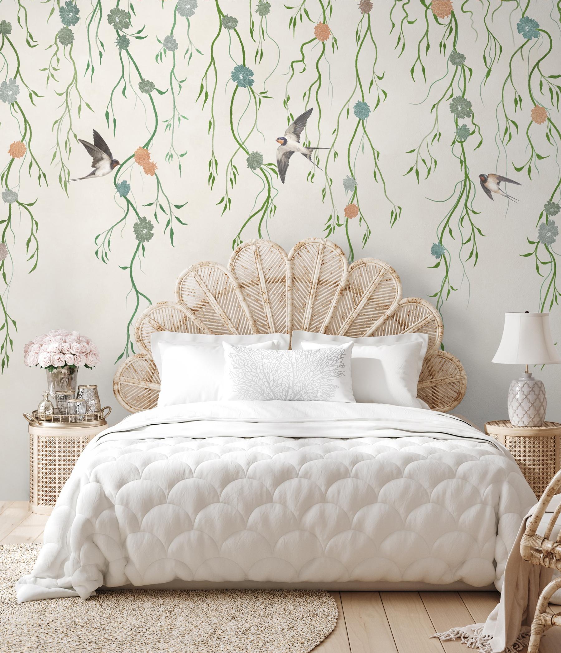 Floral Cascade and Birds Wallpaper Mural