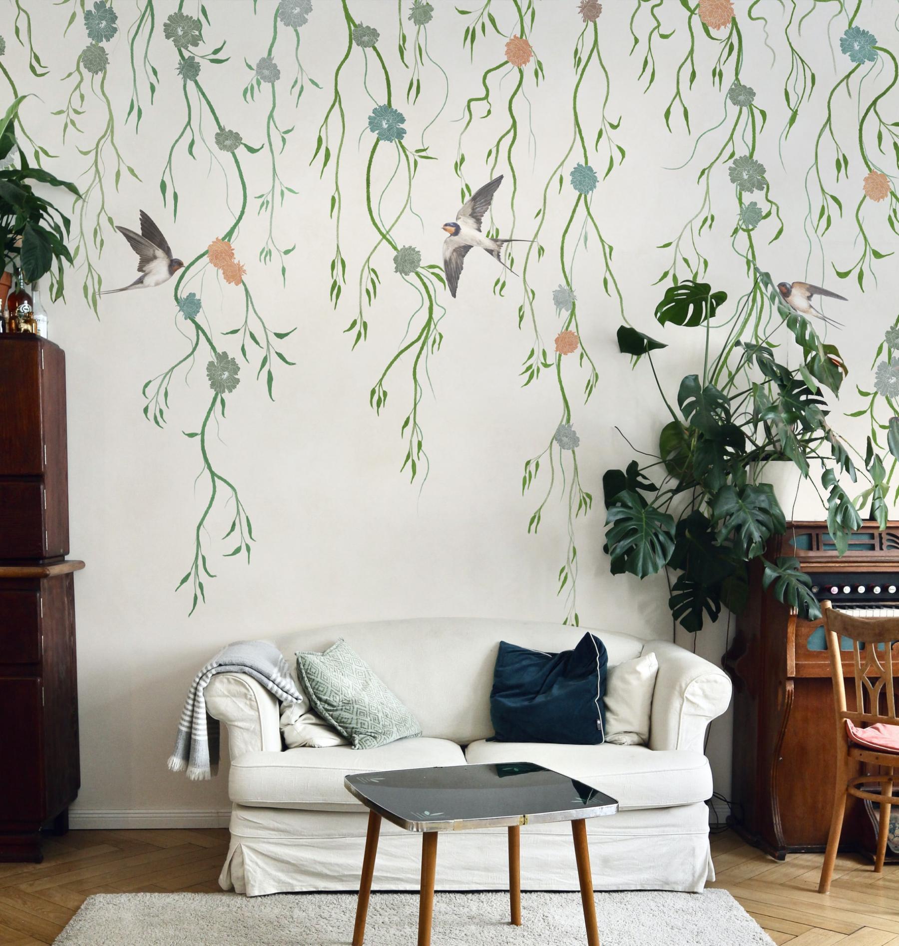 Floral Cascade and Birds Wallpaper Mural