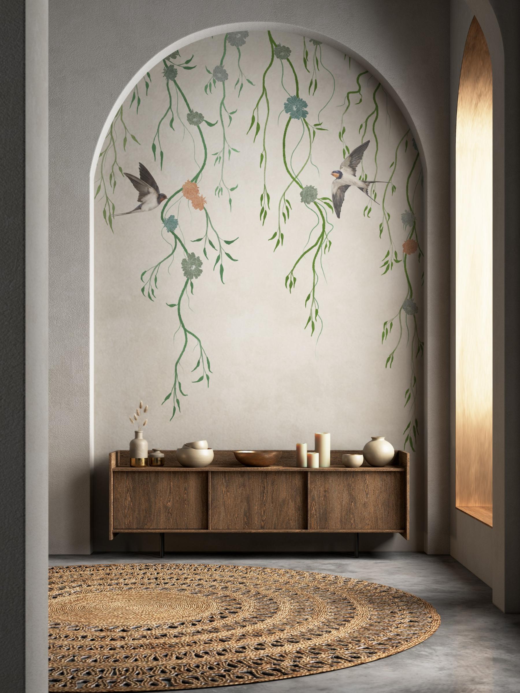 Floral Cascade and Birds Wallpaper Mural