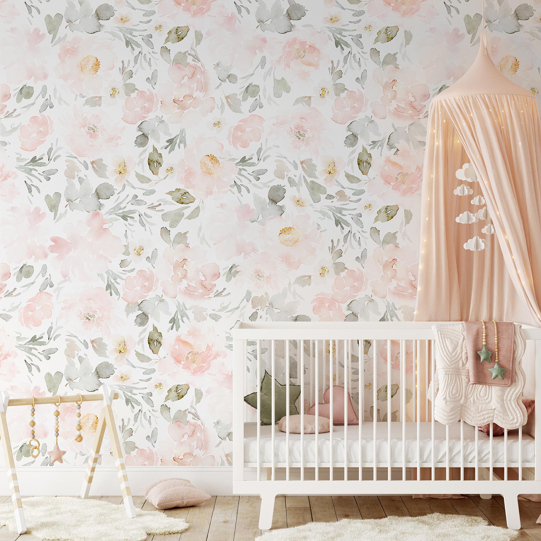 Watercolor Pink Floral Pattern Wallpaper Mural