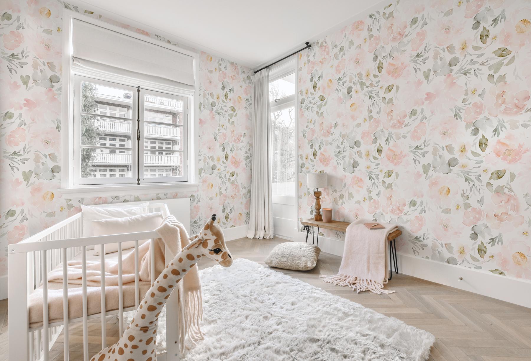 Watercolor Pink Floral Pattern Wallpaper Mural