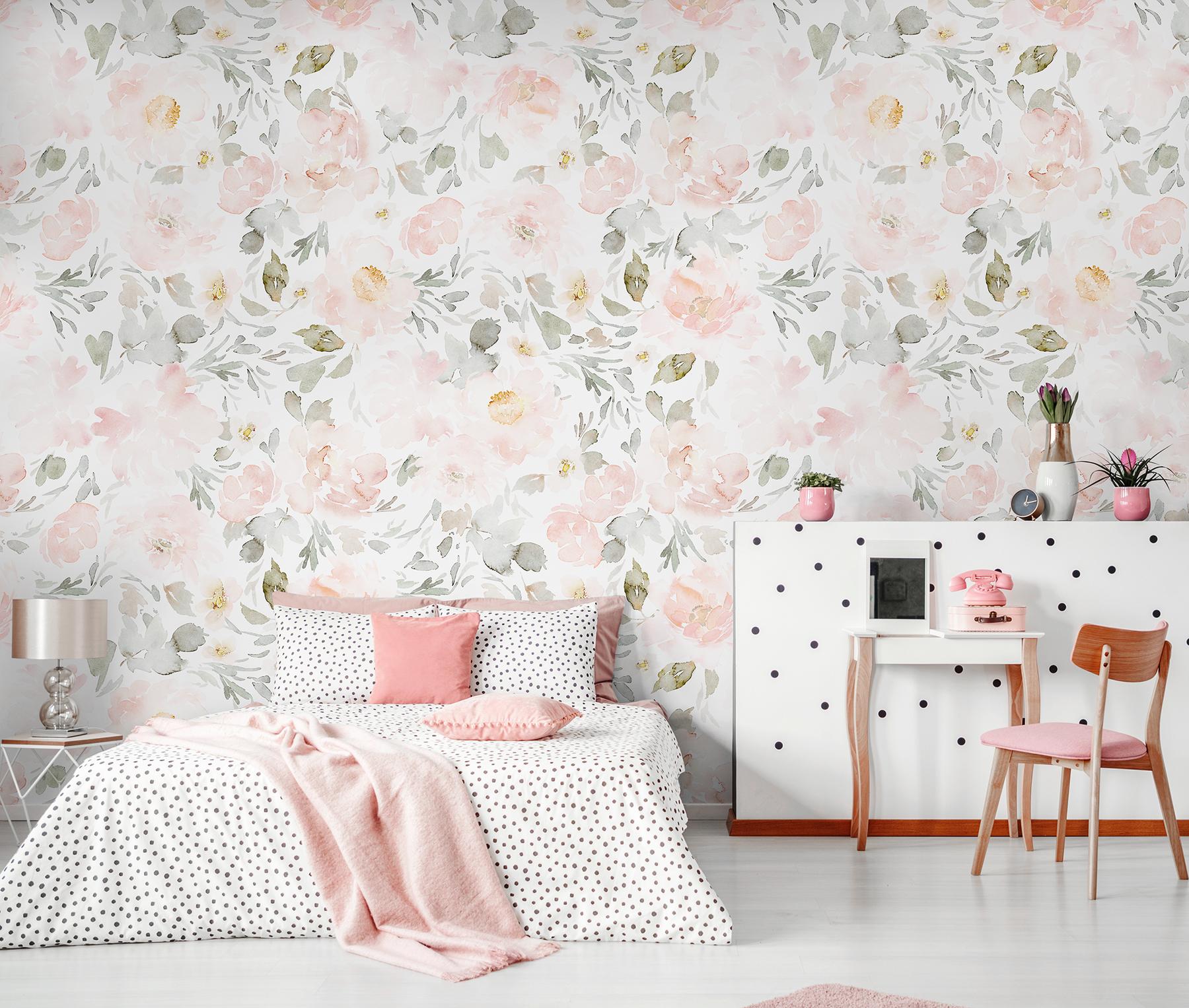 Watercolor Pink Floral Pattern Wallpaper Mural