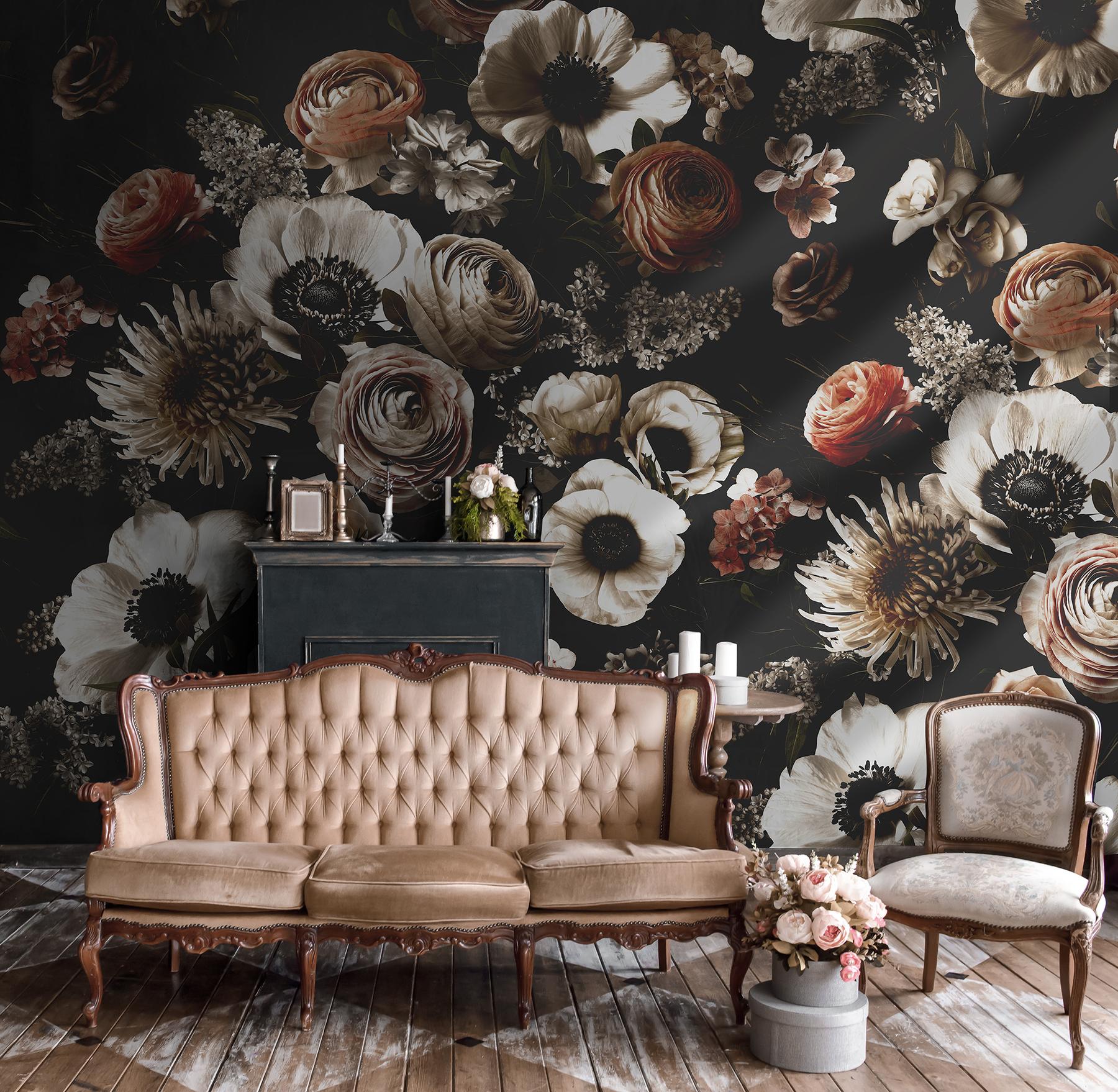 Midnight Florals Elegant Wallpaper Mural 