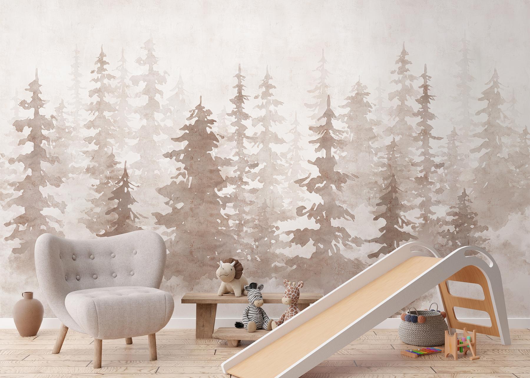Misty Forest Silhouette Watercolor Wallpaper Mural