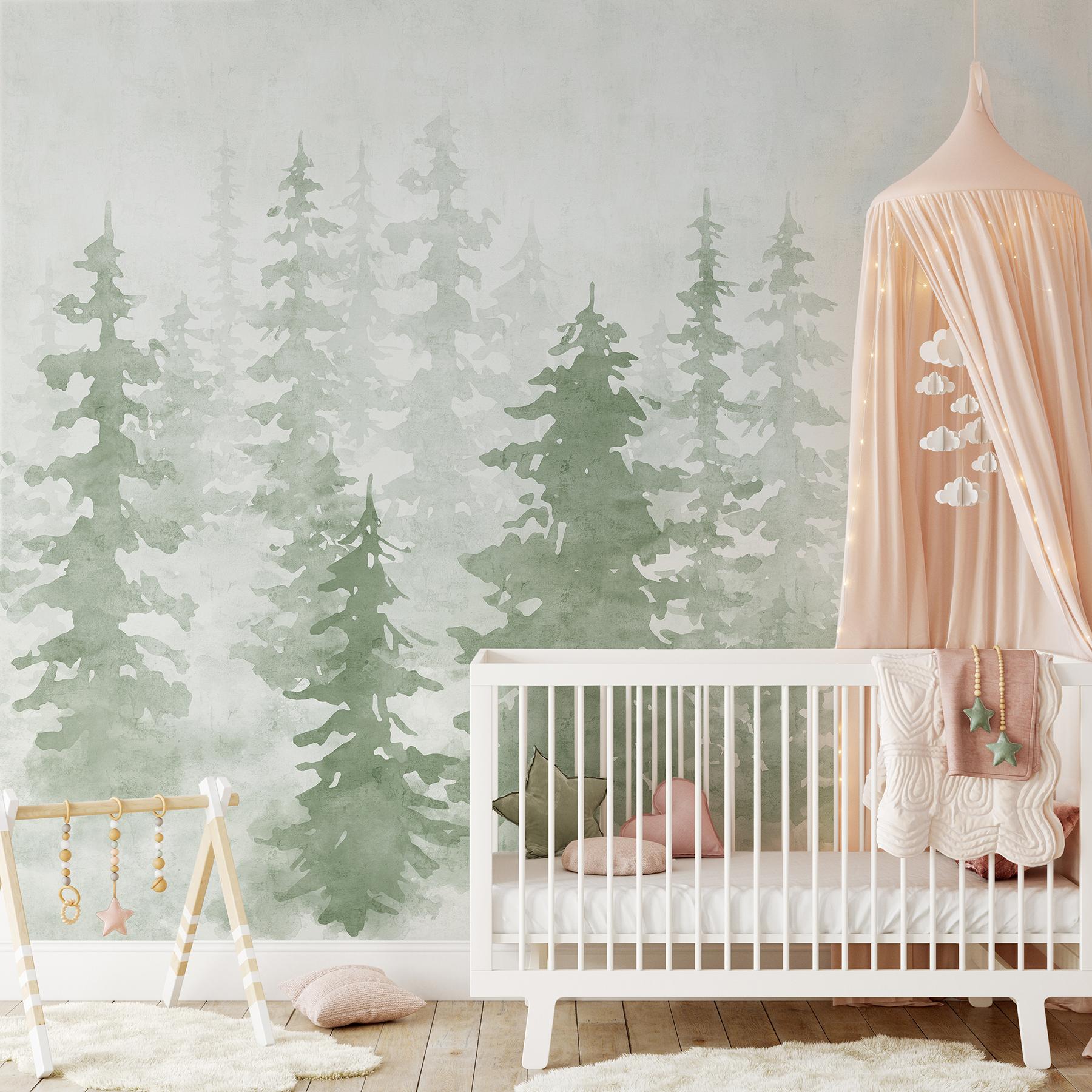 Misty Forest Silhouette Watercolor Wallpaper Mural
