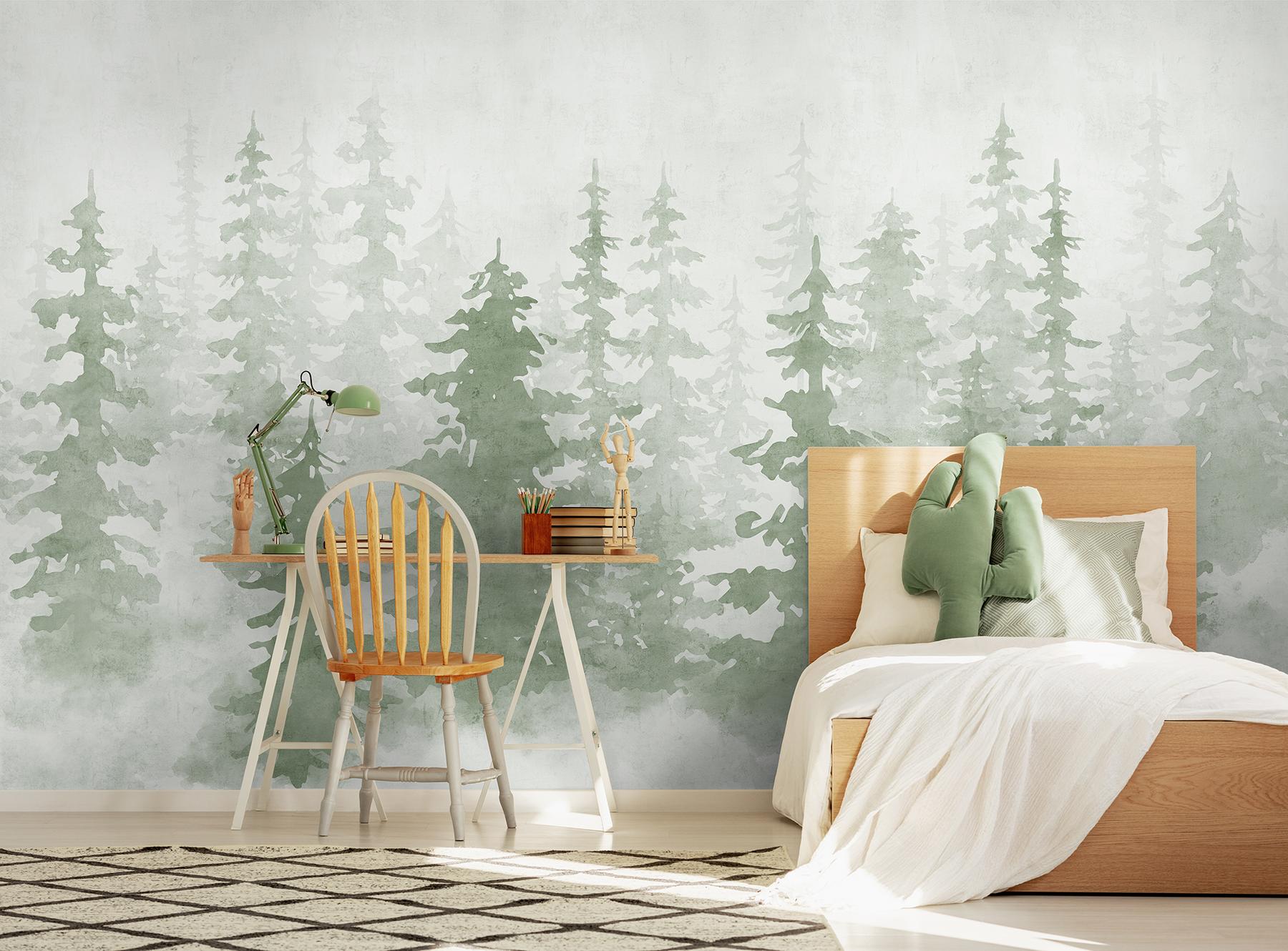 Misty Forest Silhouette Watercolor Wallpaper Mural