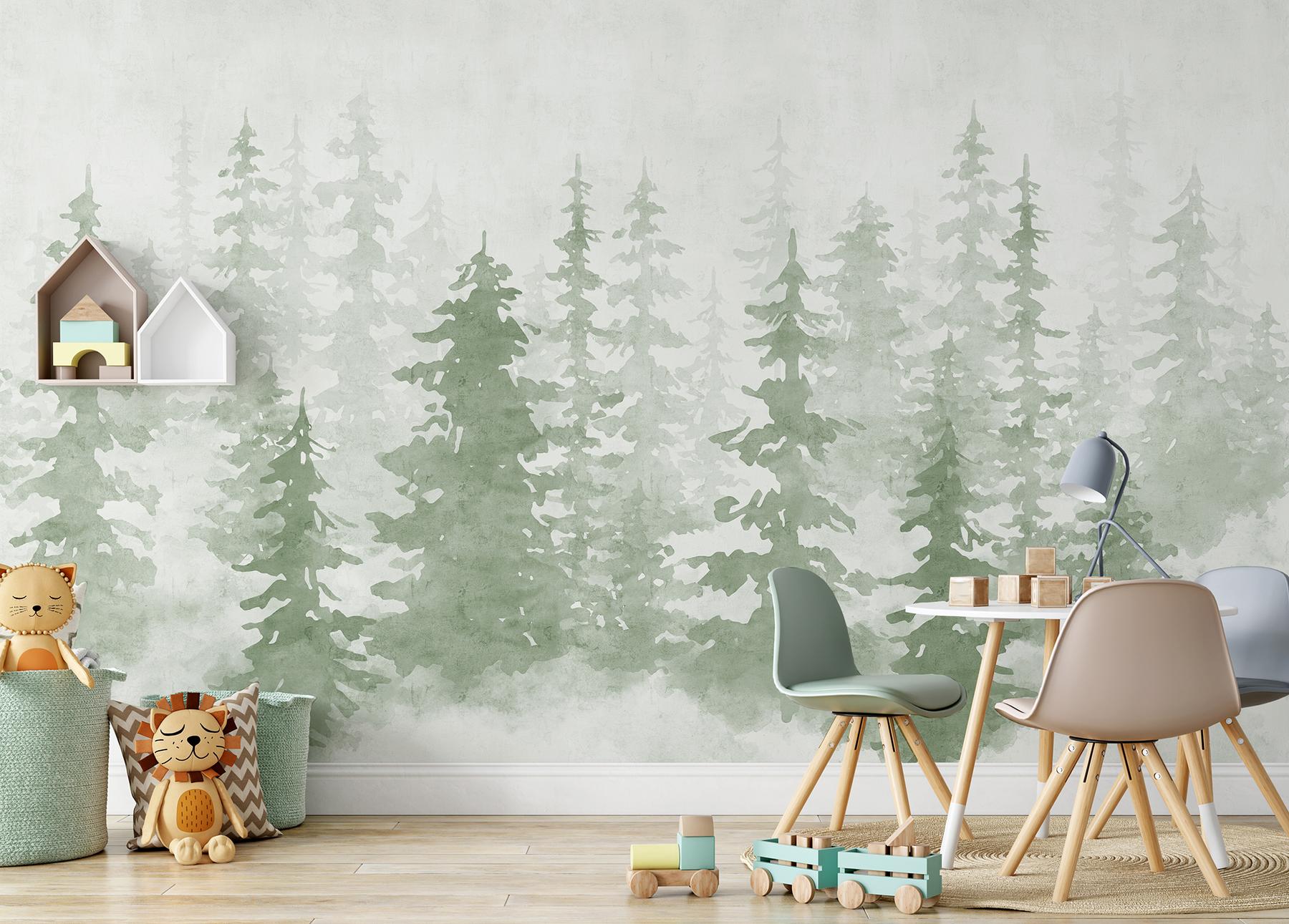 Misty Forest Silhouette Watercolor Wallpaper Mural