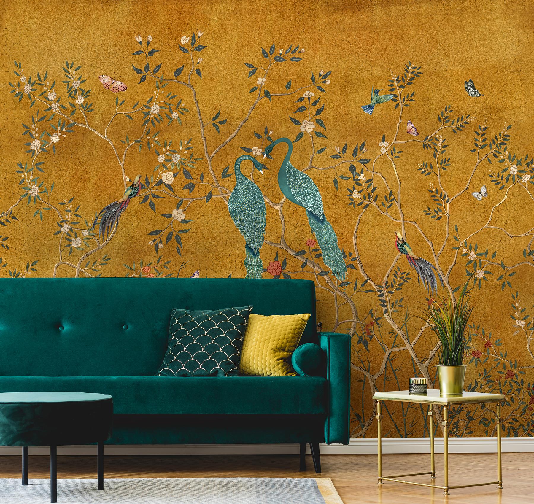 Chinoiserie Peacock and Blossom Wallpaper Mural