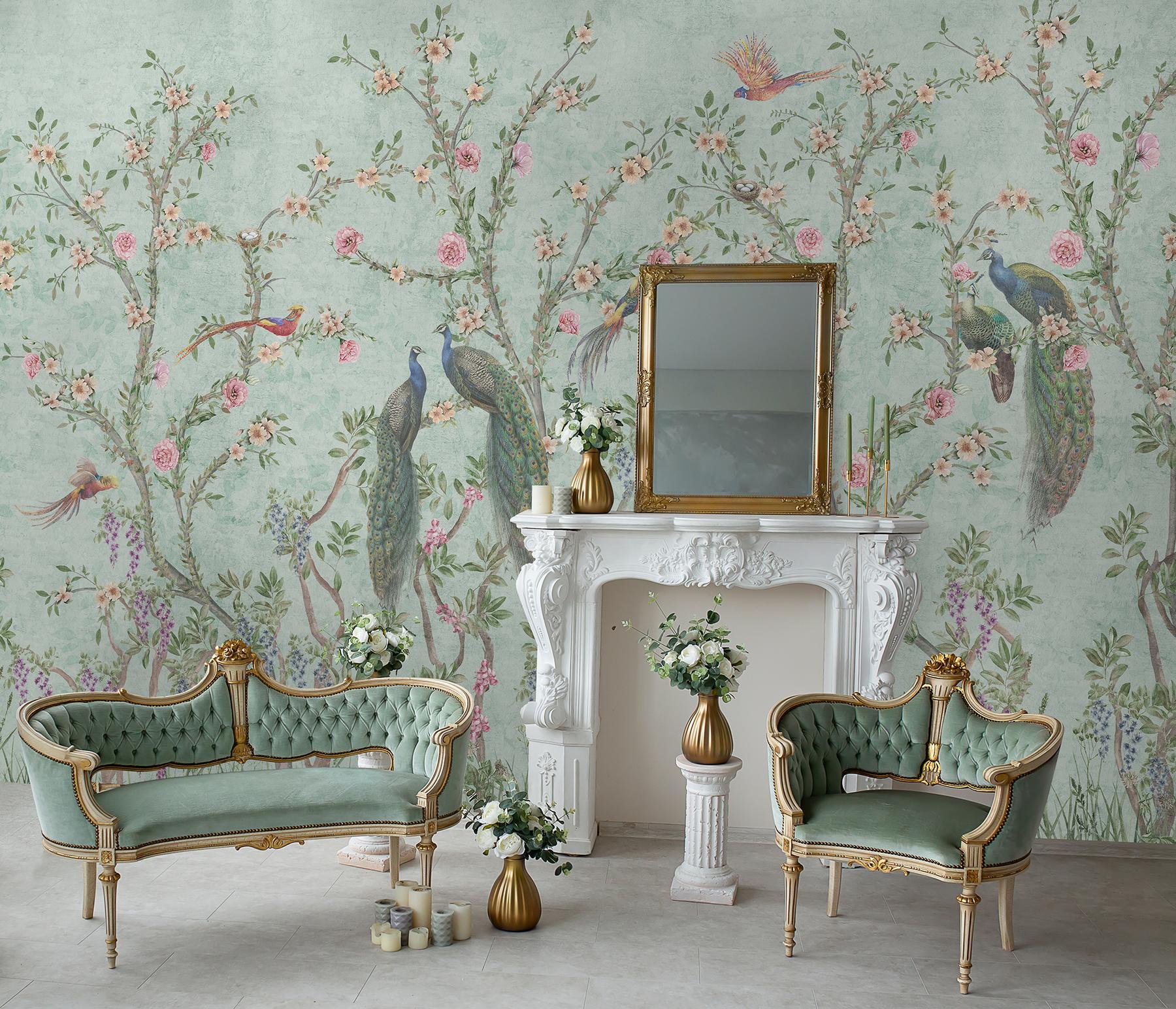 Floral Elegance Peacock Rose Garden Wallpaper Mural
