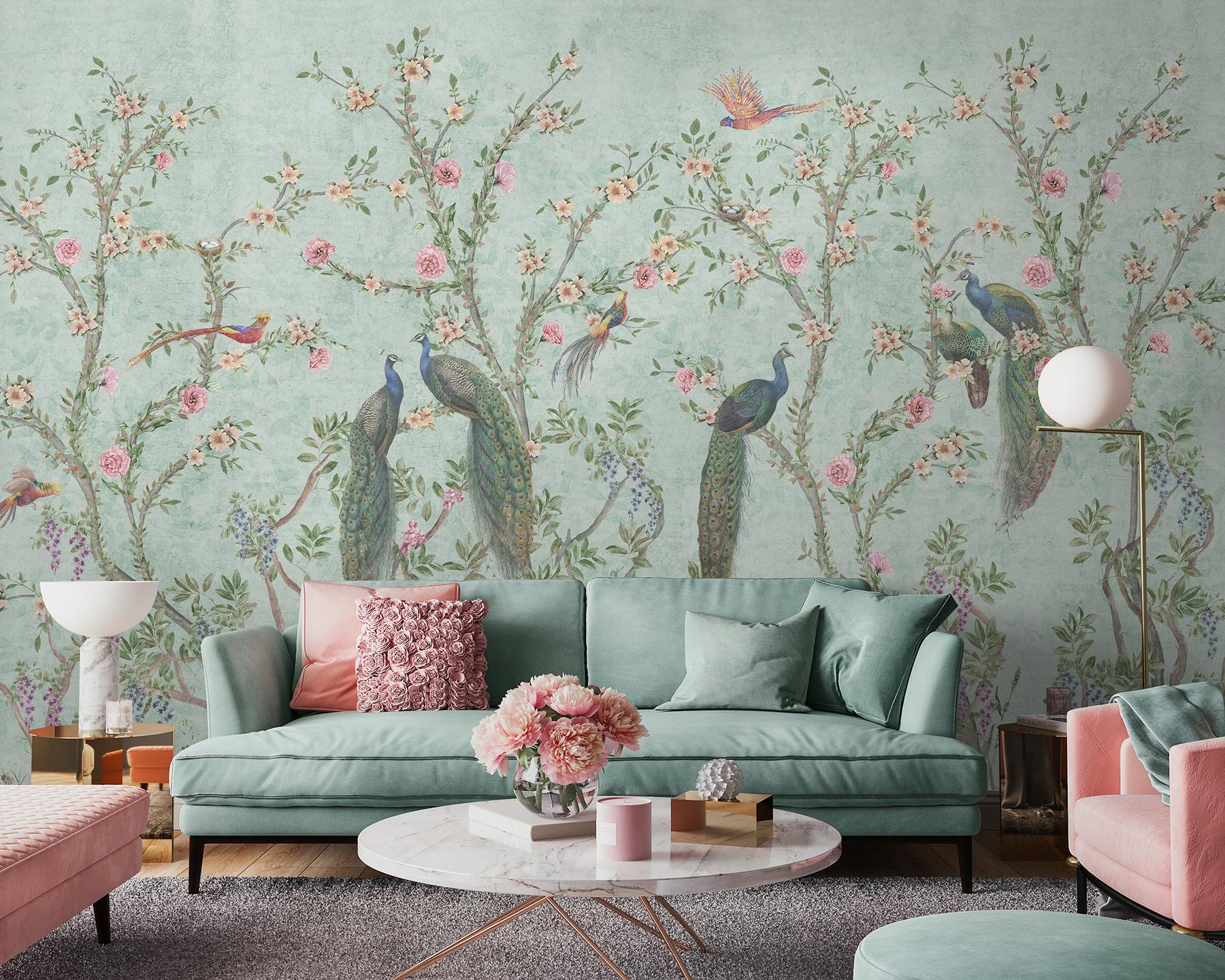 Floral Elegance Peacock Rose Garden Wallpaper Mural
