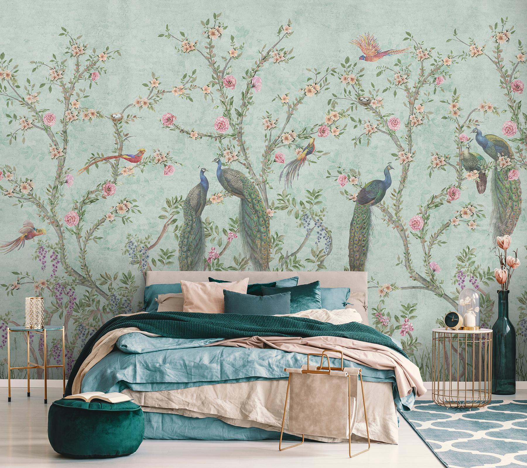 Floral Elegance Peacock Rose Garden Wallpaper Mural