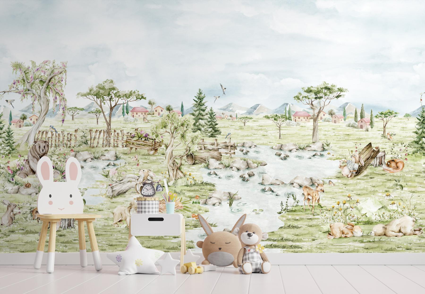 Serene Pastoral Landscape with Animals Wallpaper