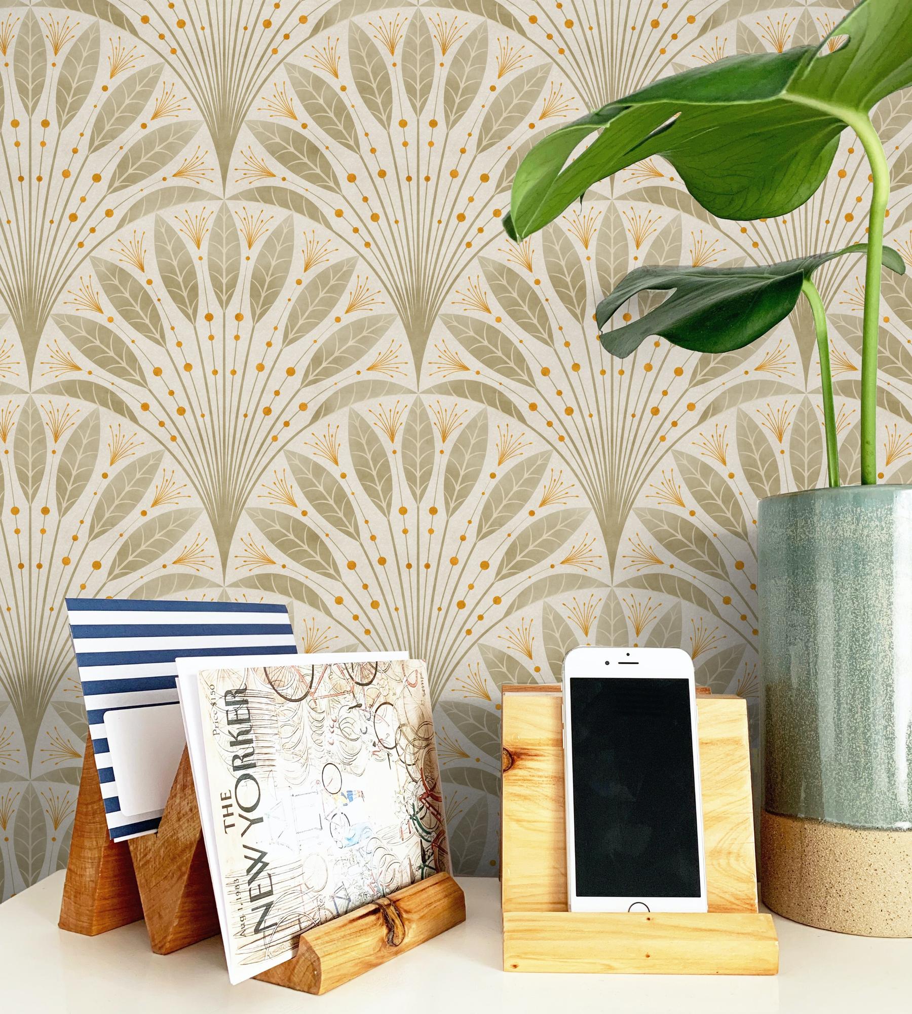Elegant Fan Leaf Pattern Beige Wallpaper Mural