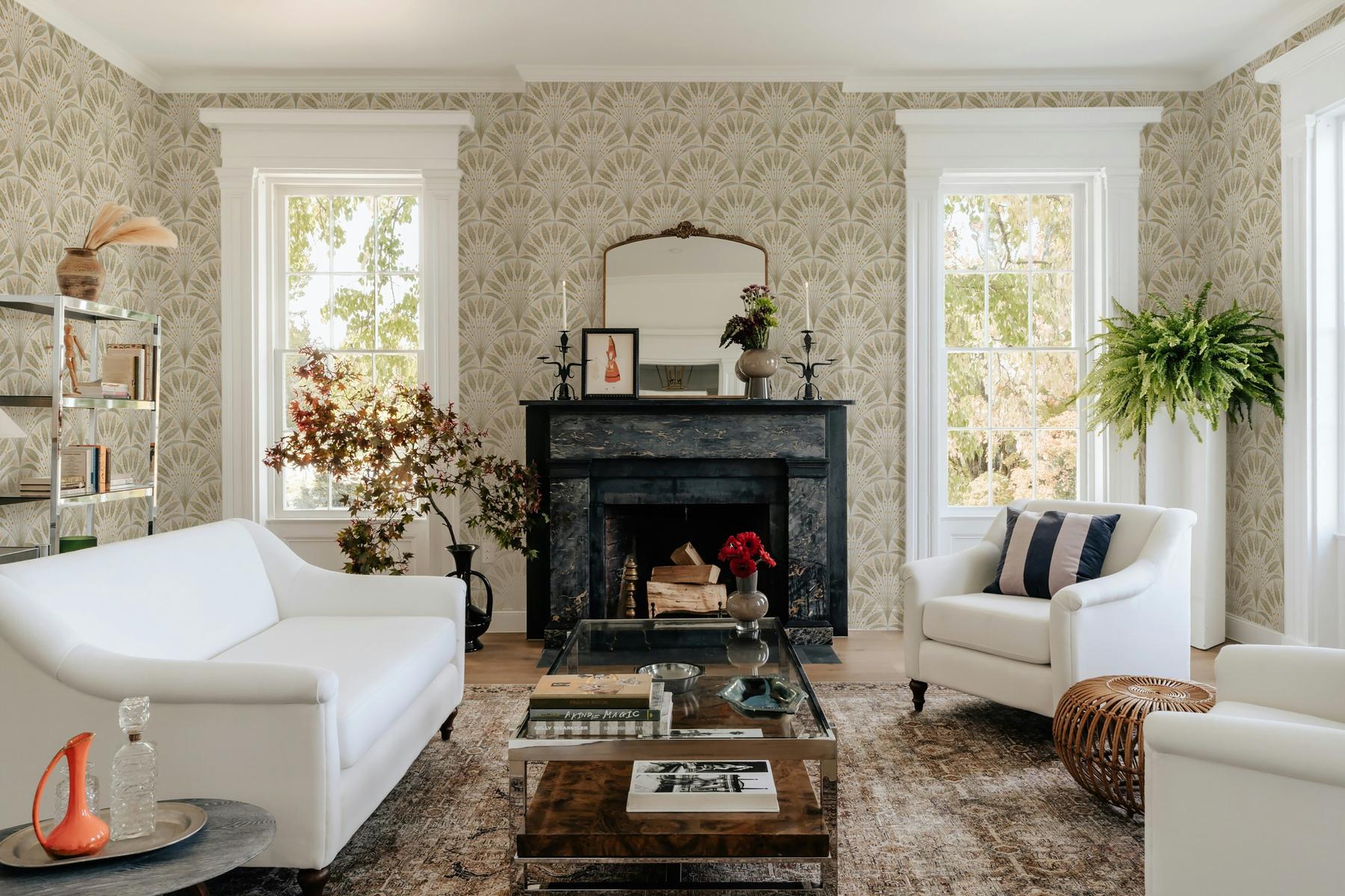 Elegant Fan Leaf Pattern Beige Wallpaper Mural