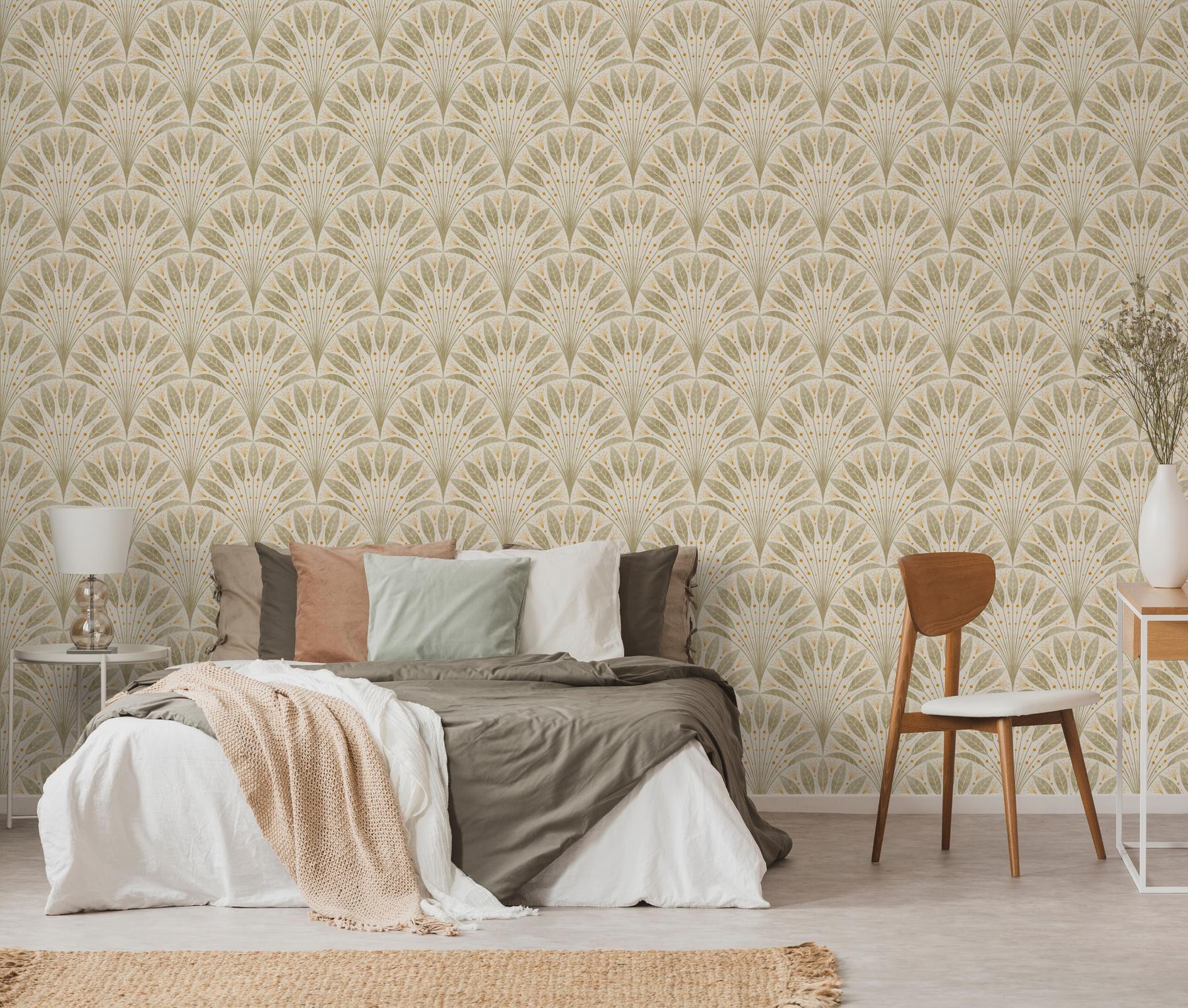 Elegant Fan Leaf Pattern Beige Wallpaper Mural