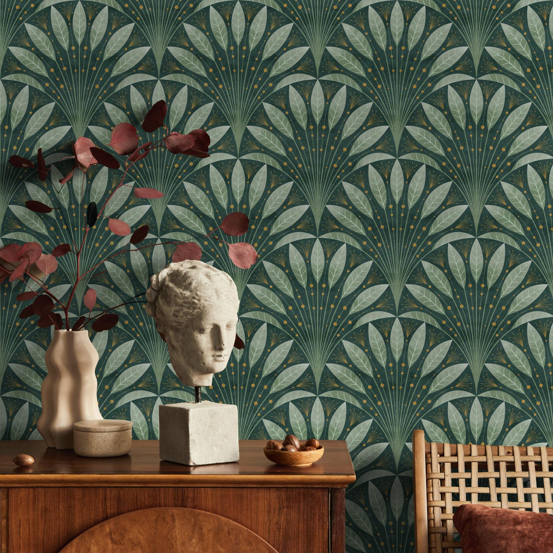 Elegant Fan Leaf Pattern Wallpaper Mural