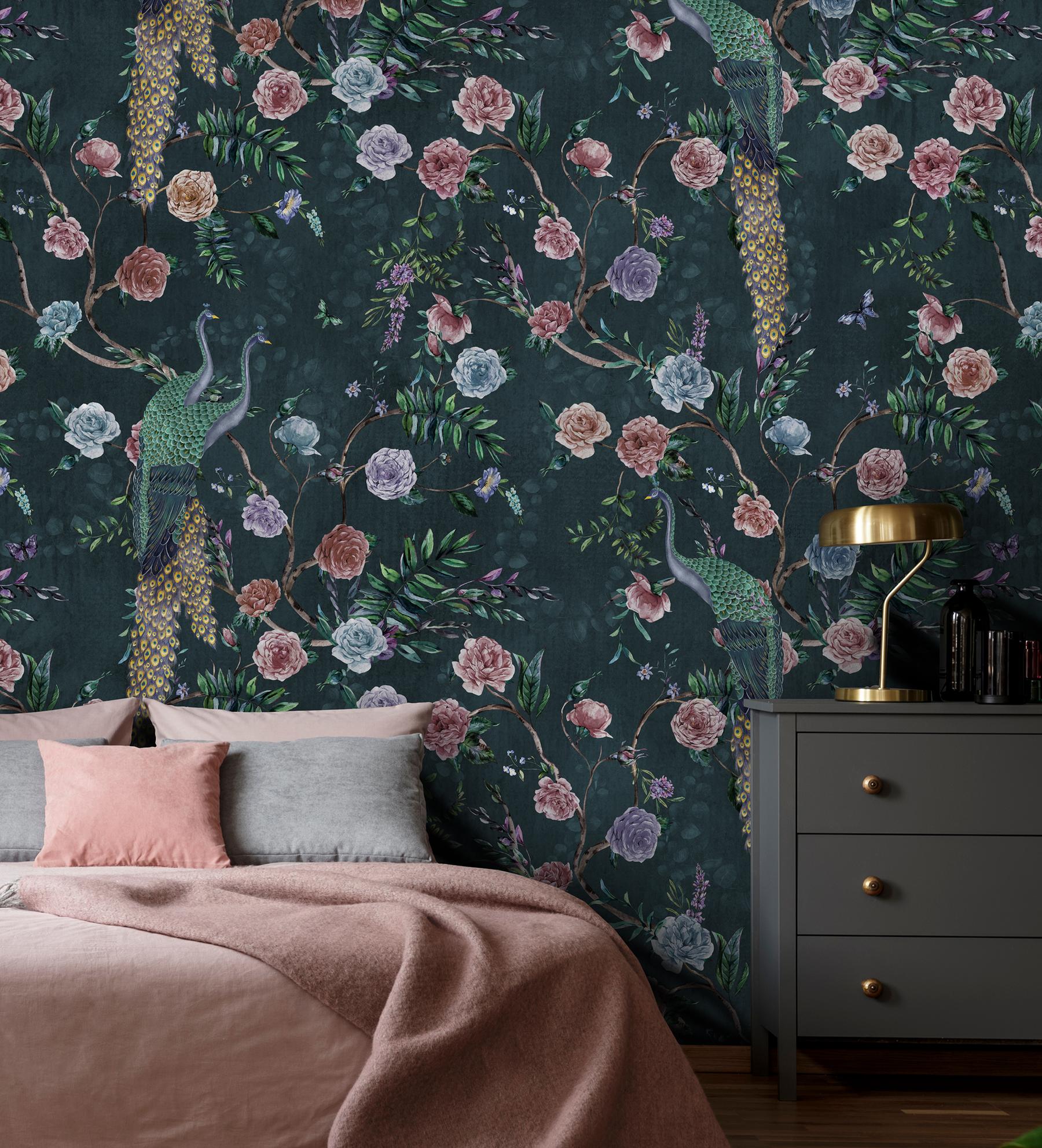 Midnight Floral Peacock Elegance Wallpaper Mural