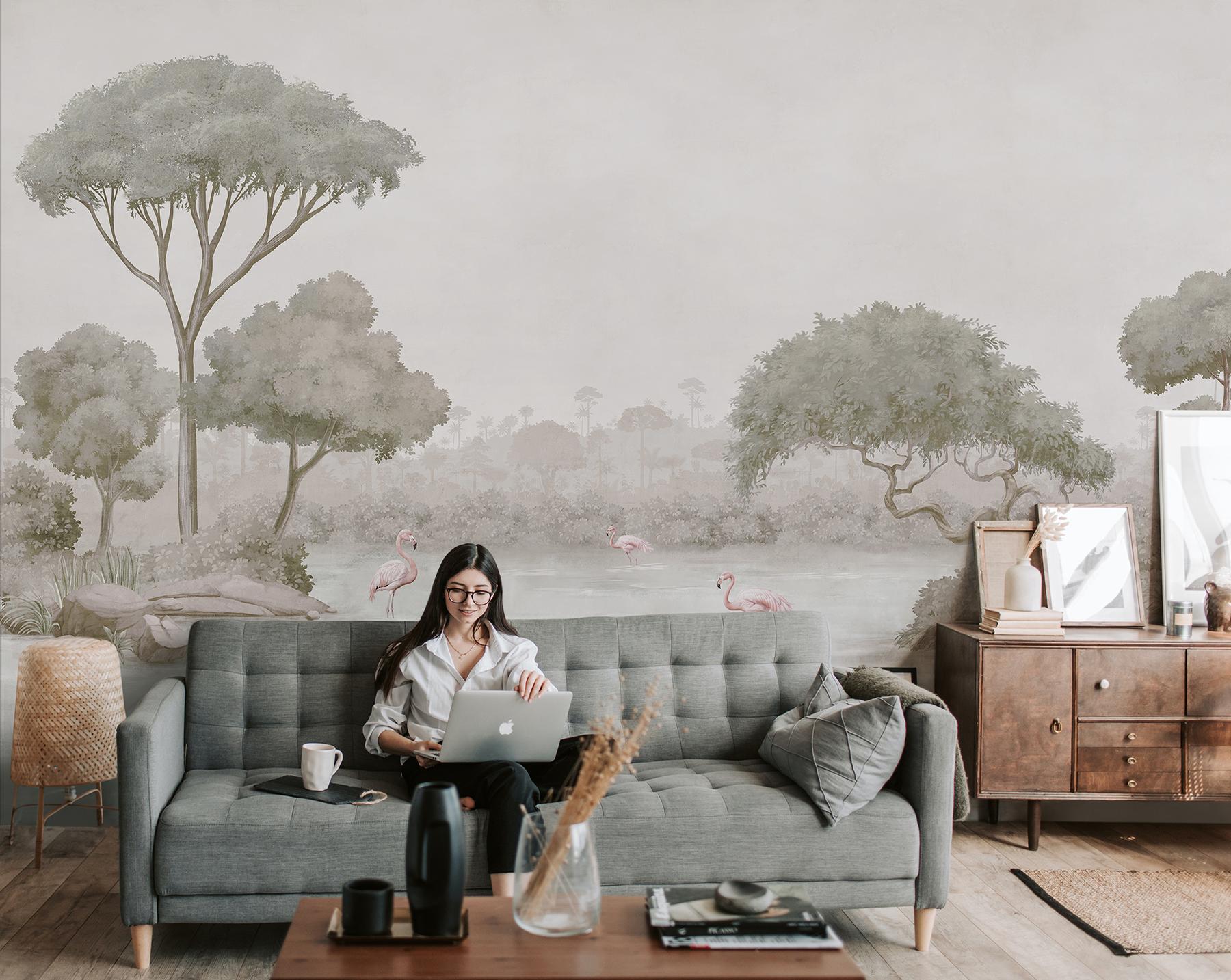 Elegant Waterfront Flamingo Landscape Wallpaper Mural