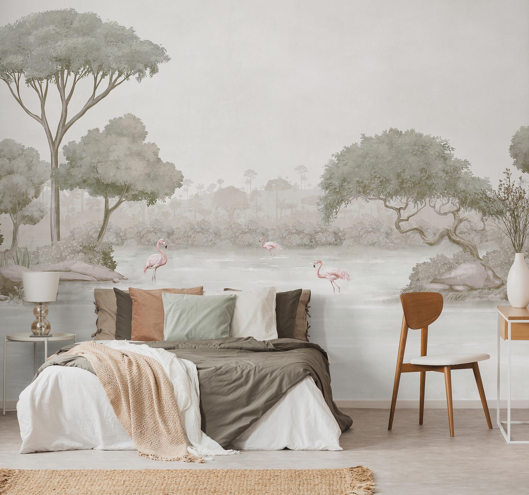 Elegant Waterfront Flamingo Landscape Wallpaper Mural