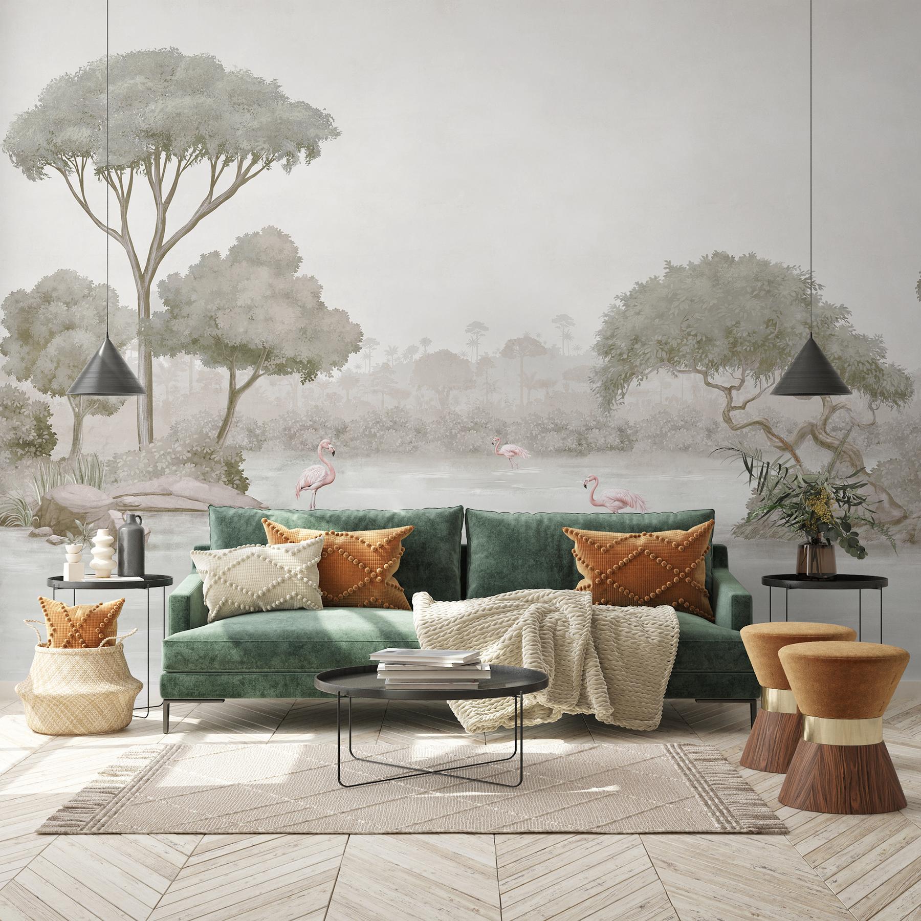 Elegant Waterfront Flamingo Landscape Wallpaper Mural