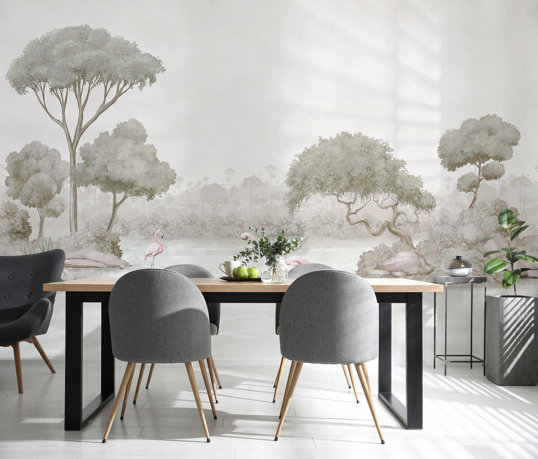 Elegant Waterfront Flamingo Landscape Wallpaper Mural