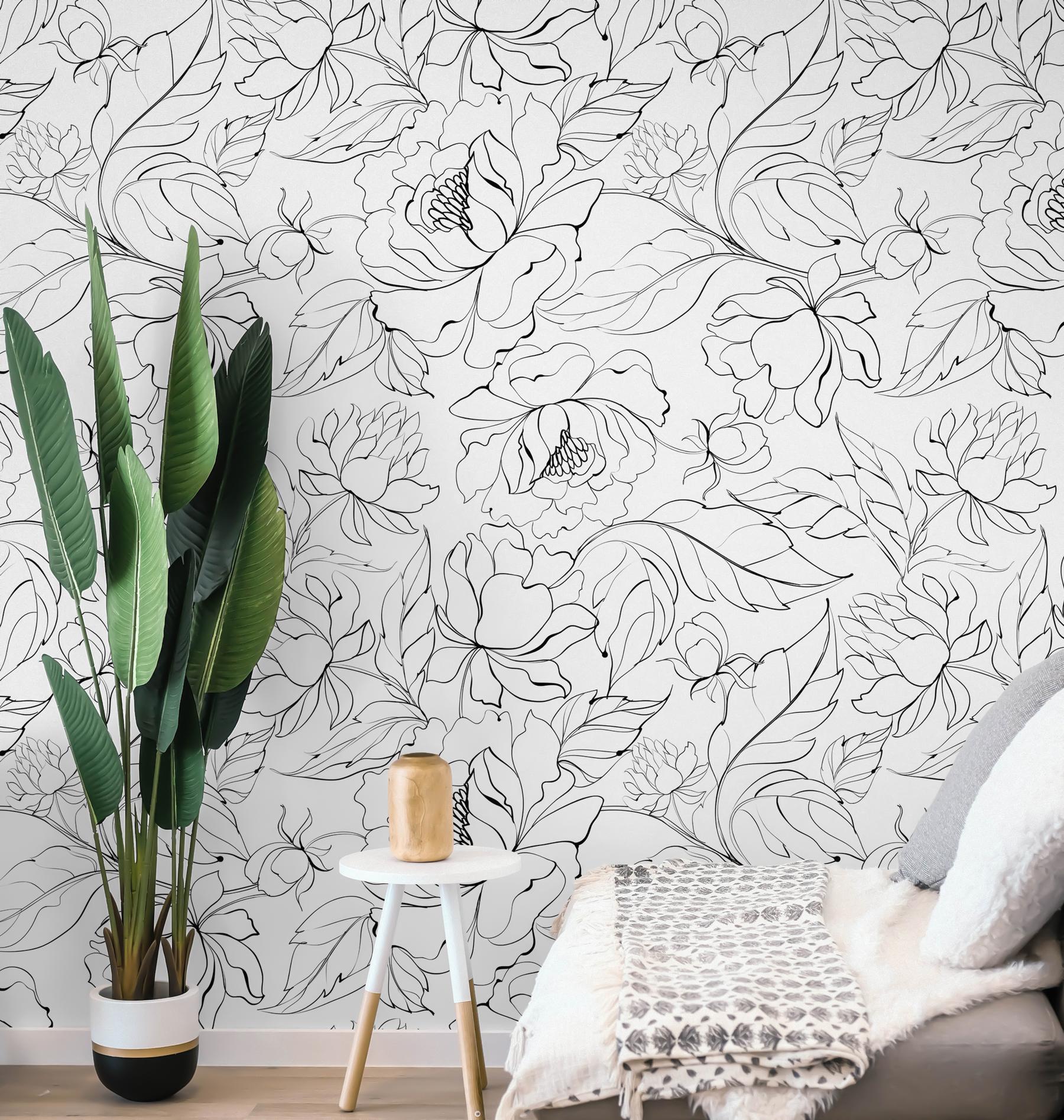 Modern Black White Floral Drawing Wallpaper Mural