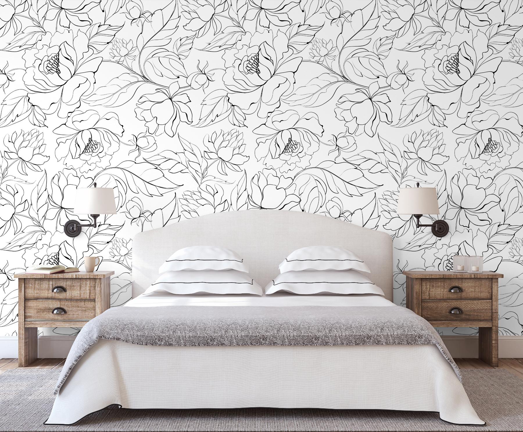 Modern Black White Floral Drawing Wallpaper Mural