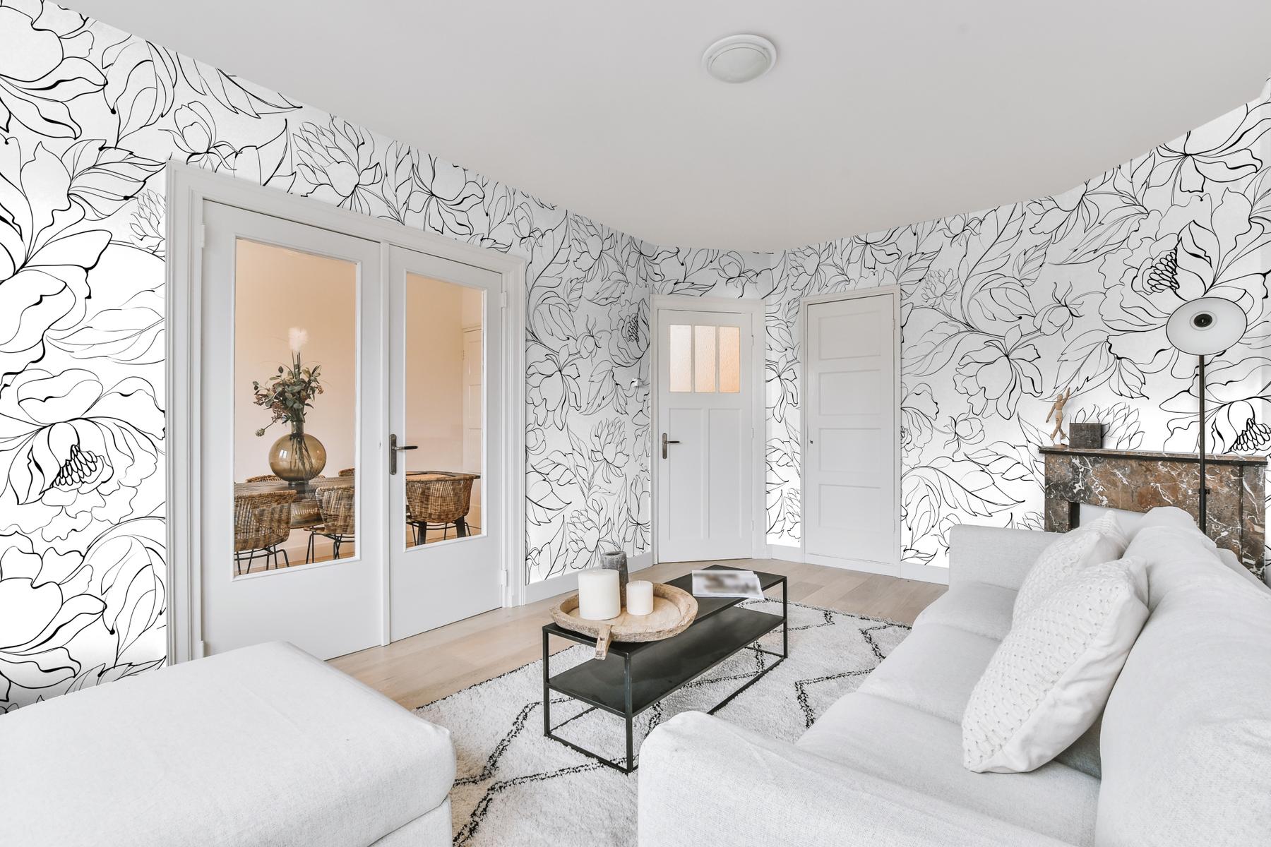 Modern Black White Floral Drawing Wallpaper Mural