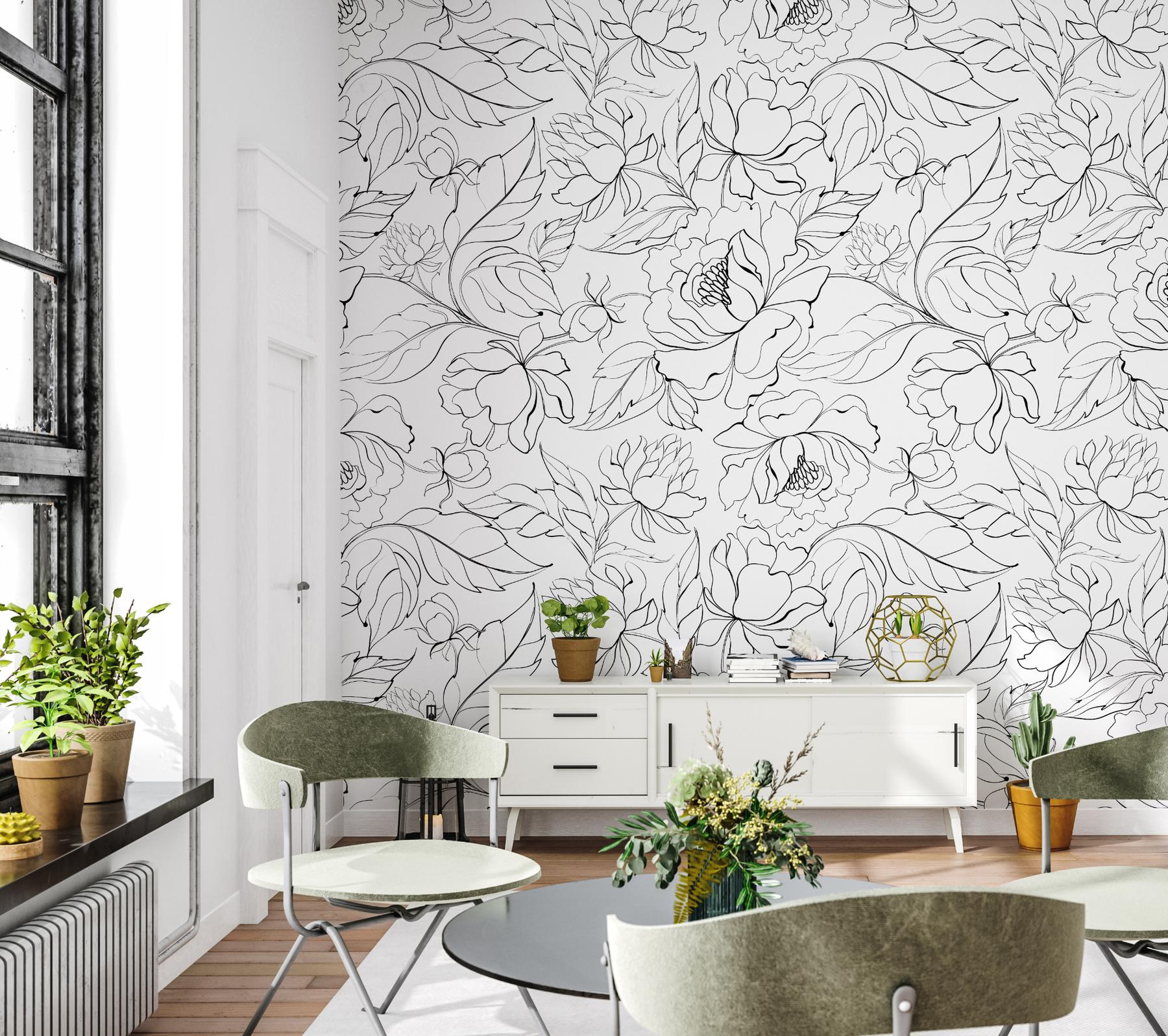 Modern Black White Floral Drawing Wallpaper Mural